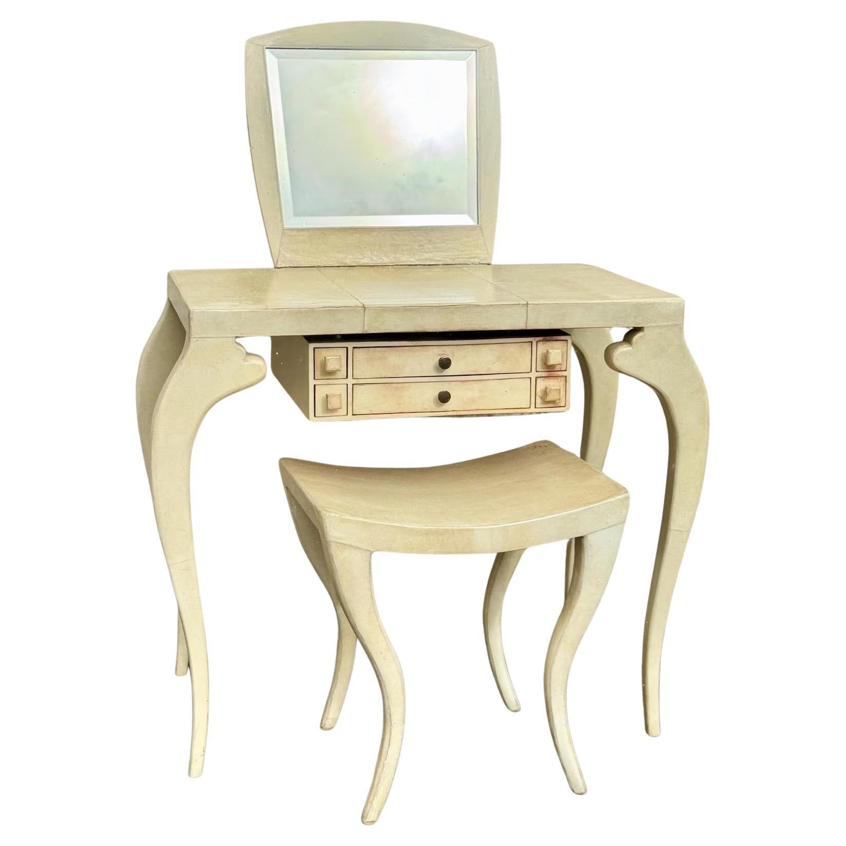 Late 20th Century French Cream Vanity Table With Mirror and Matching Bench