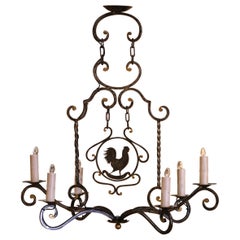 Late 20th Century French Hand-Forged Polished Iron Six-Light Rooster Chandelier