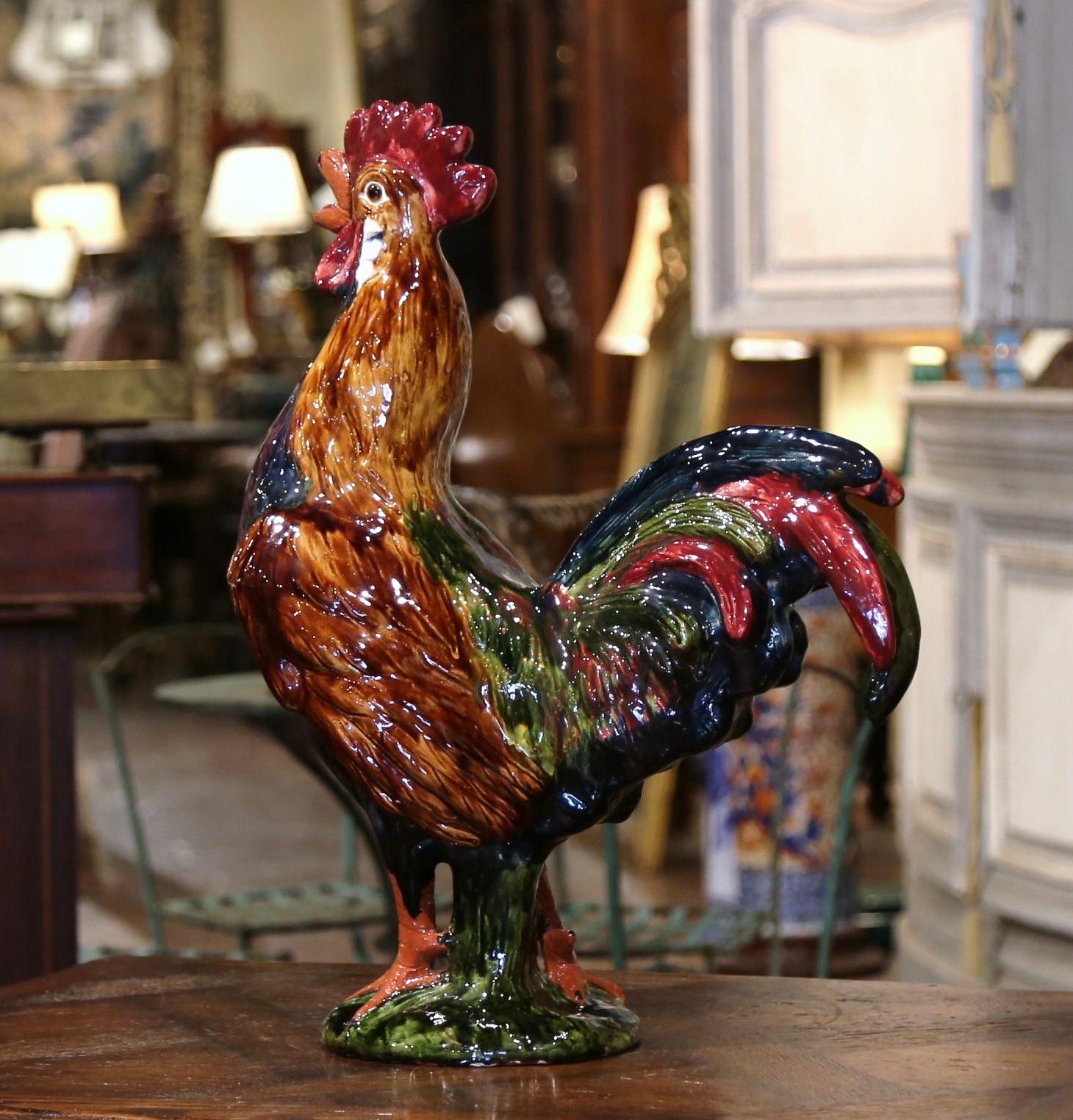 Late 20th Century French Hand Painted Barbotine Ceramic Rooster from Normandy In Excellent Condition In Dallas, TX