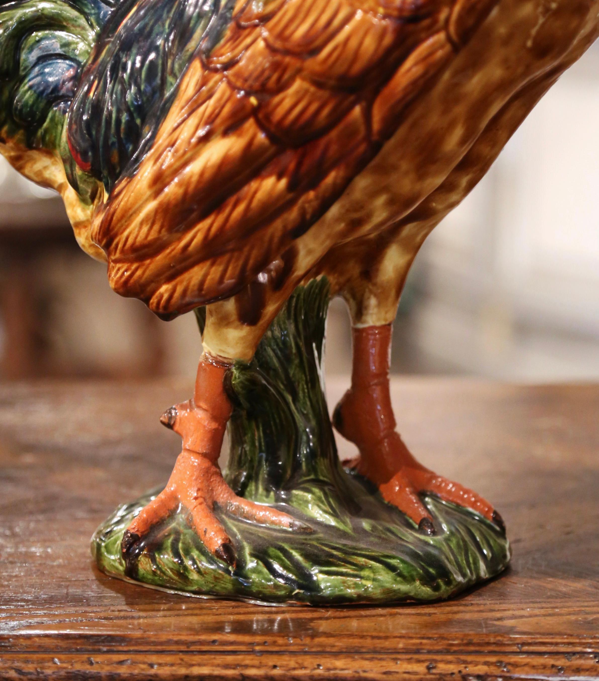 Hand-Crafted Late 20th Century French Hand-Painted Barbotine Ceramic Rooster from Normandy For Sale