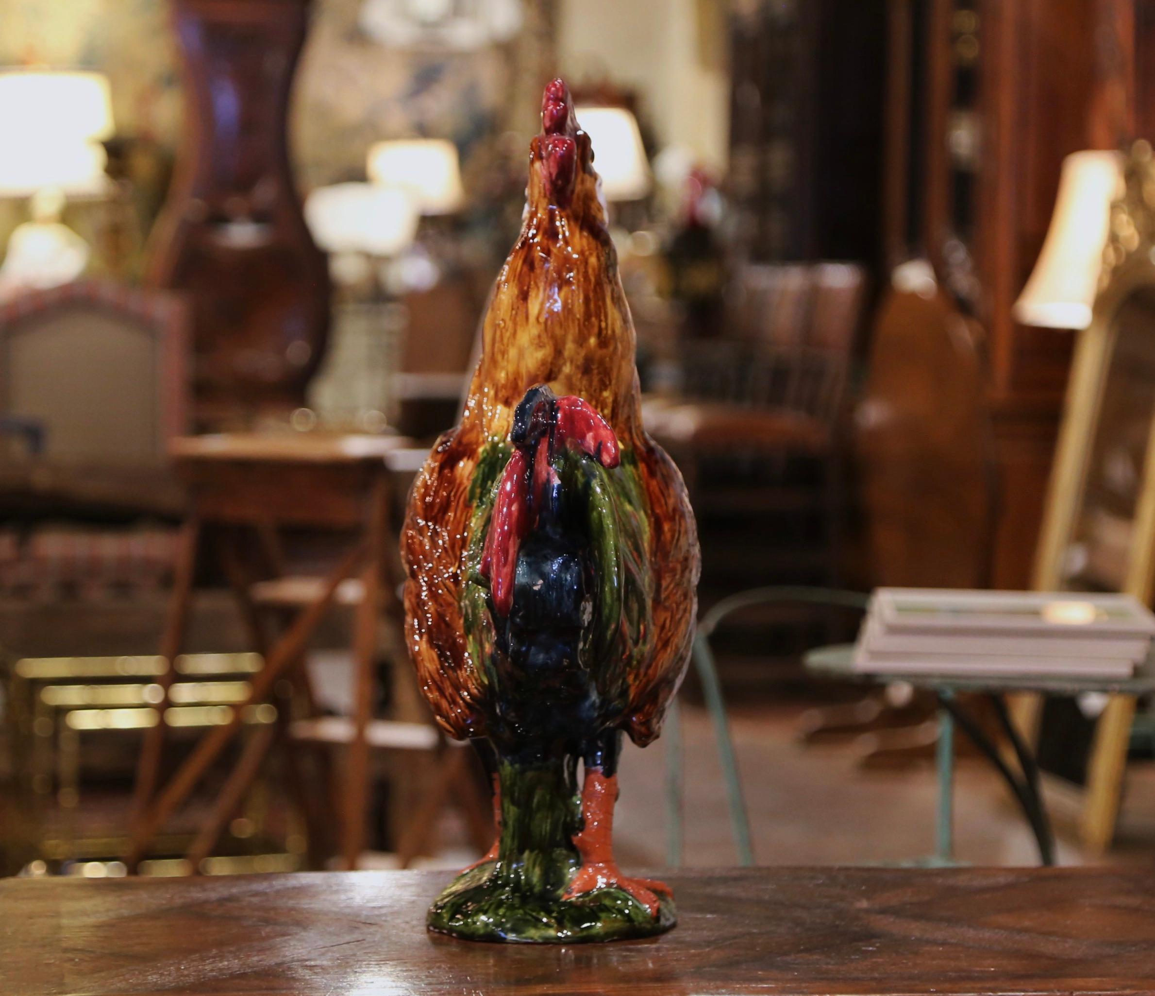 Late 20th Century French Hand Painted Barbotine Ceramic Rooster from Normandy 2