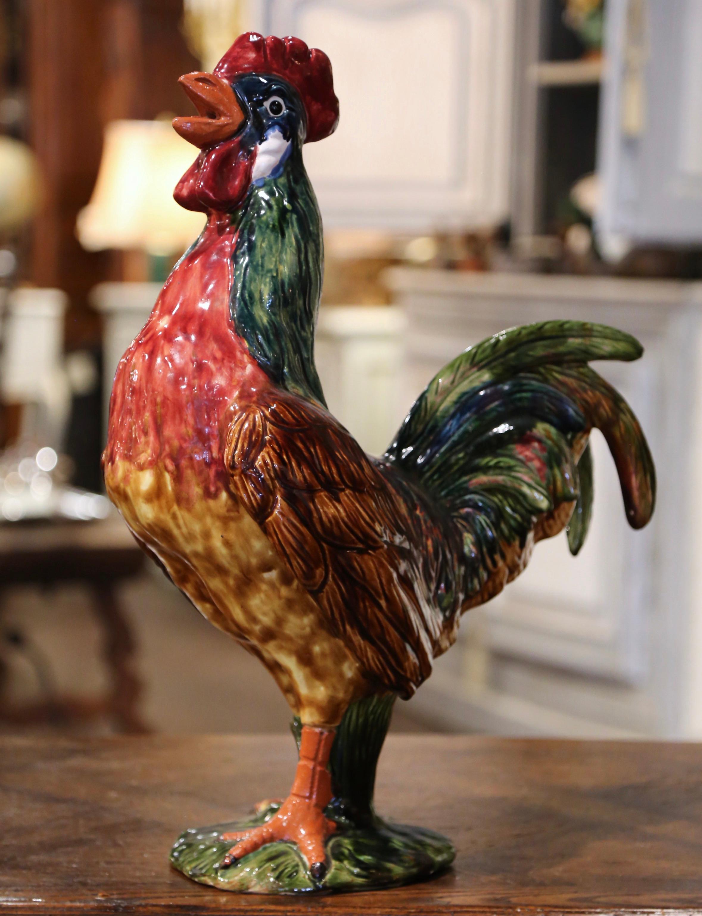 Late 20th Century French Hand-Painted Barbotine Ceramic Rooster from Normandy In Excellent Condition For Sale In Dallas, TX