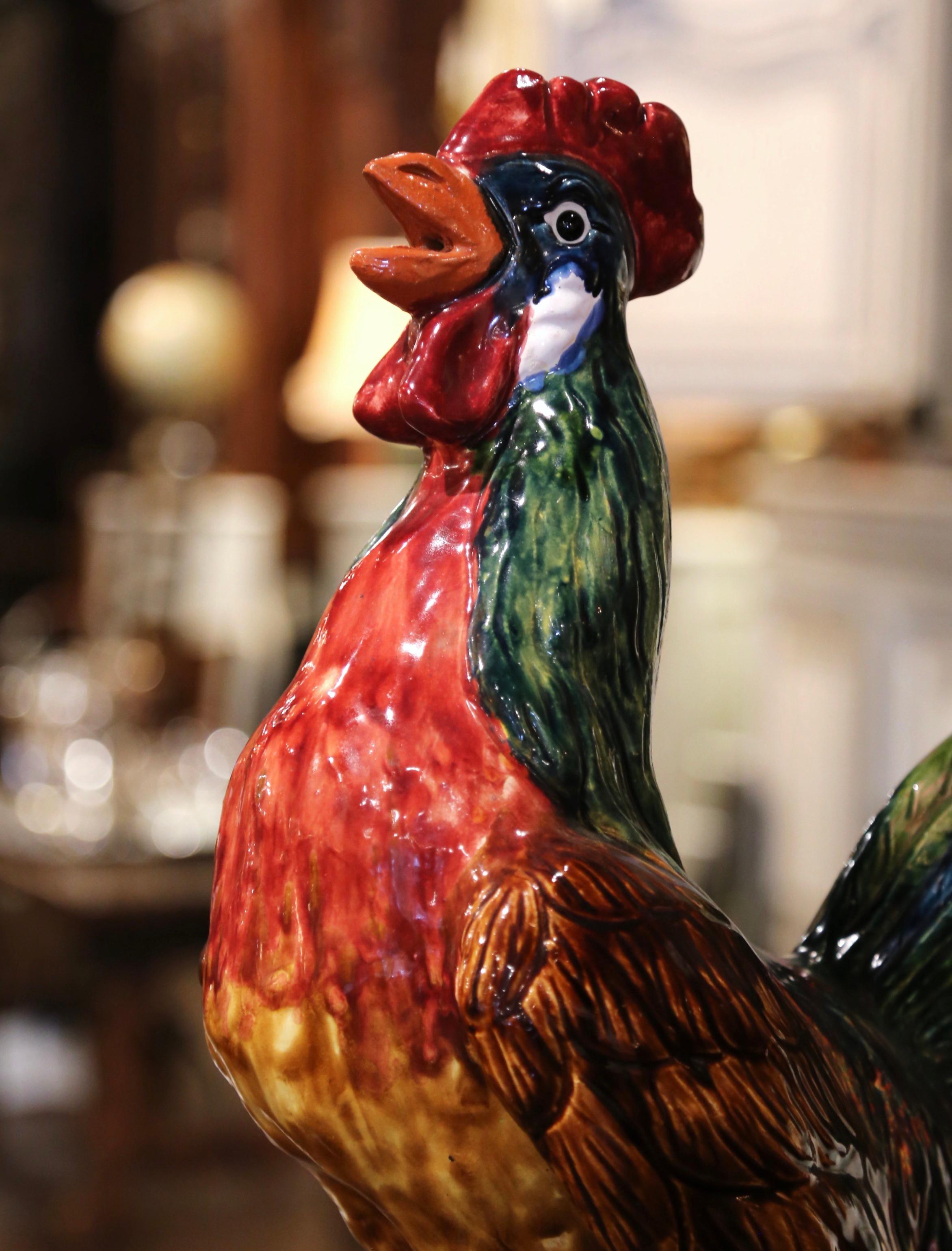Late 20th Century French Hand-Painted Barbotine Ceramic Rooster from Normandy For Sale 1