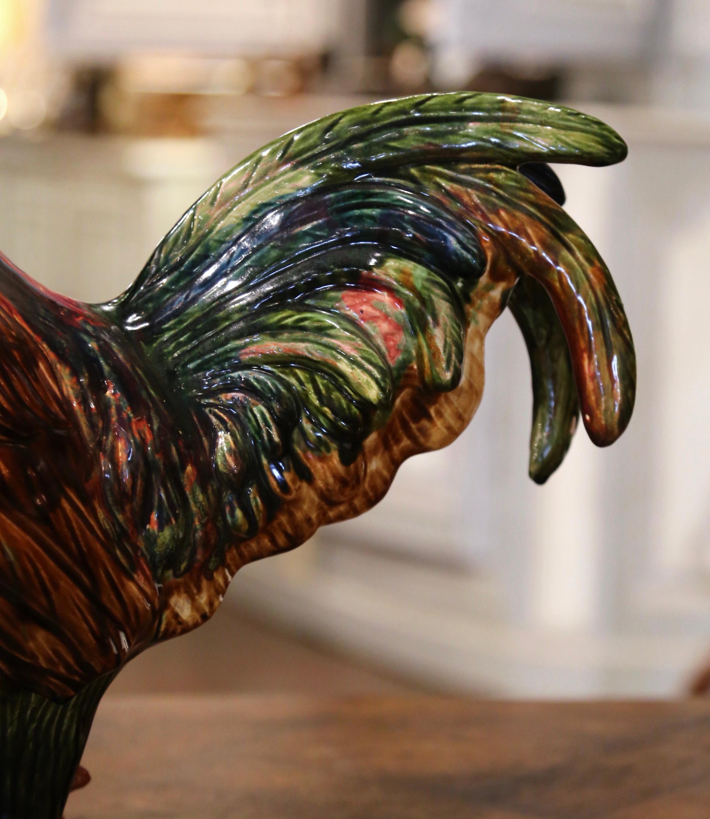 Late 20th Century French Hand-Painted Barbotine Ceramic Rooster from Normandy For Sale 2
