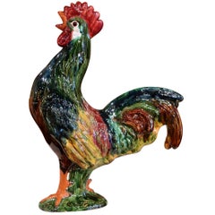 Late 20th Century French Hand-Painted Barbotine Ceramic Rooster from Normandy