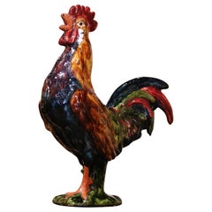 Vintage Late 20th Century French Hand Painted Barbotine Ceramic Rooster from Normandy