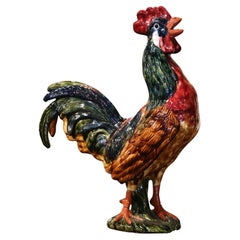 Antique Late 20th Century French Hand-Painted Barbotine Ceramic Rooster from Normandy