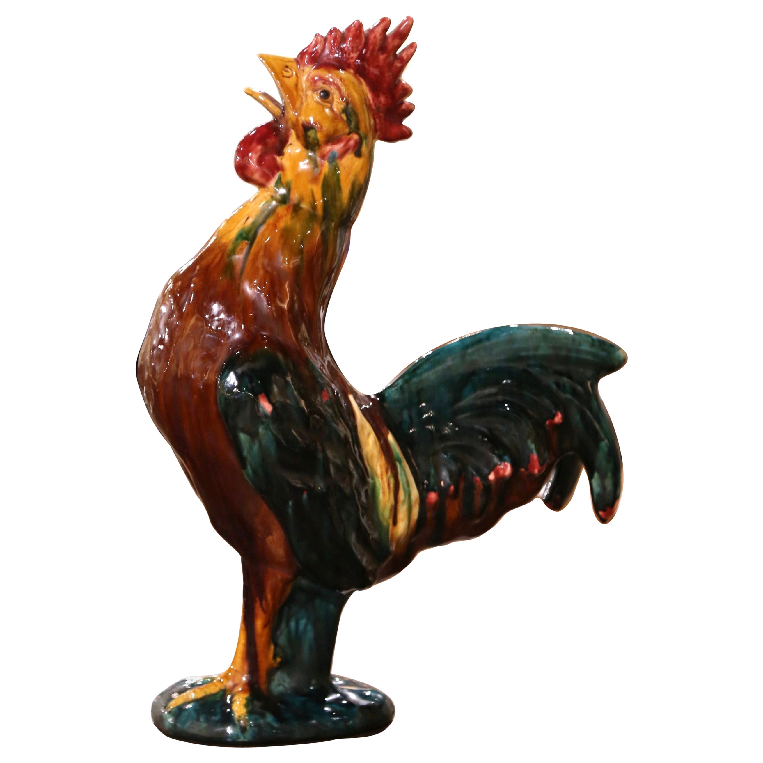 Late 20th Century French Hand-Painted Barbotine Ceramic Rooster from Normandy