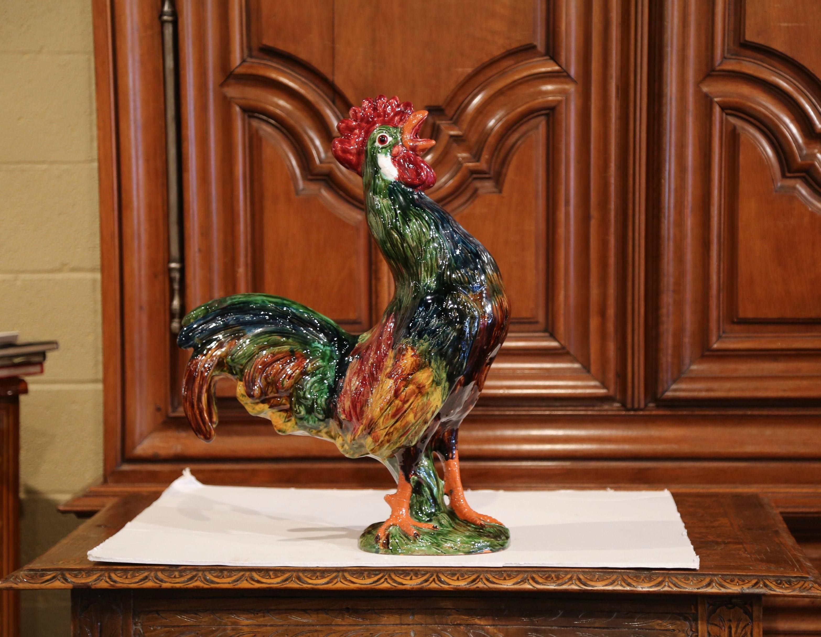 Hand-Crafted Late 20th Century French Hand-Painted Barbotine Ceramic Rooster from Normandy