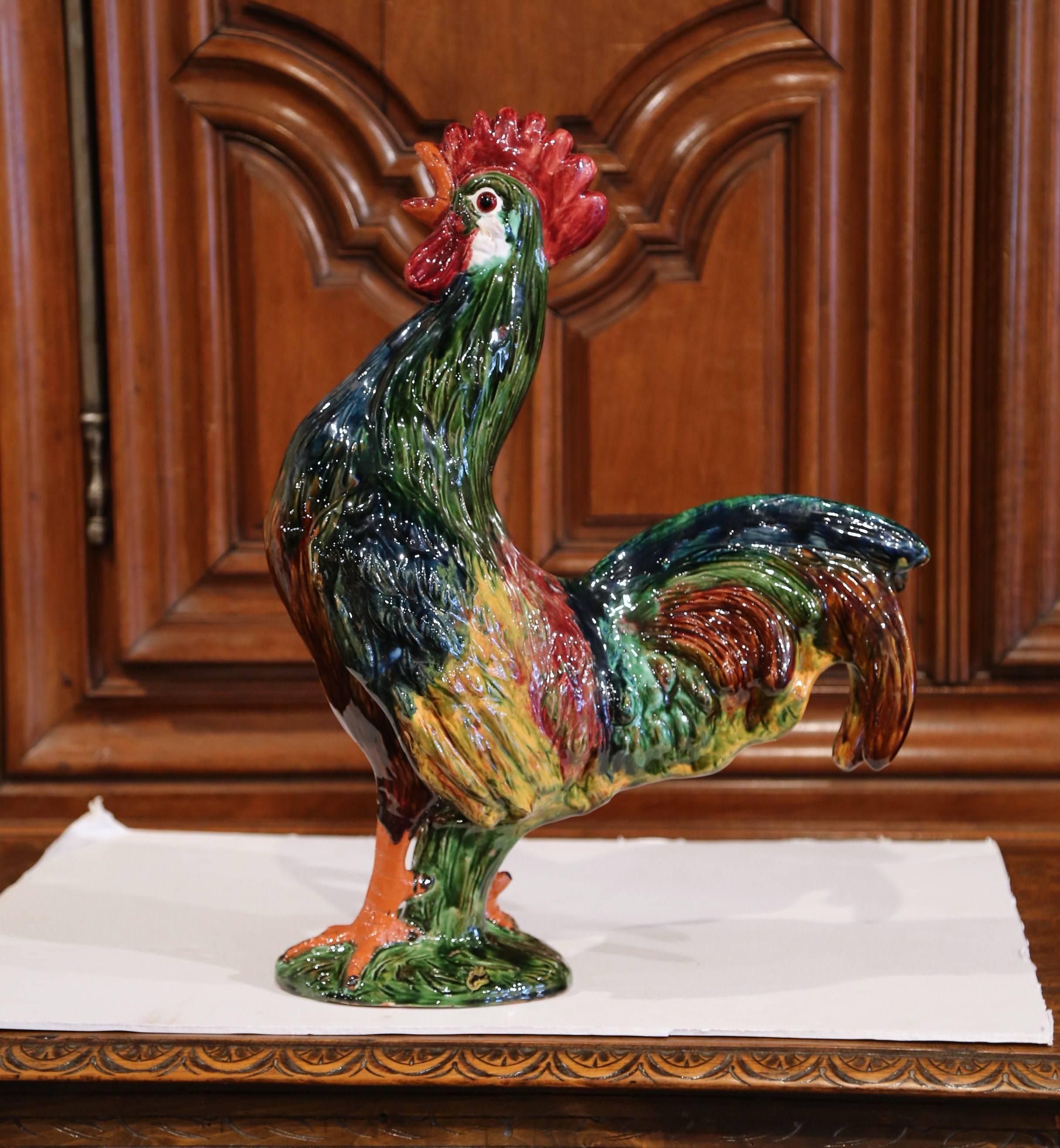 Late 20th Century French Hand-Painted Barbotine Ceramic Rooster from Normandy In Excellent Condition In Dallas, TX