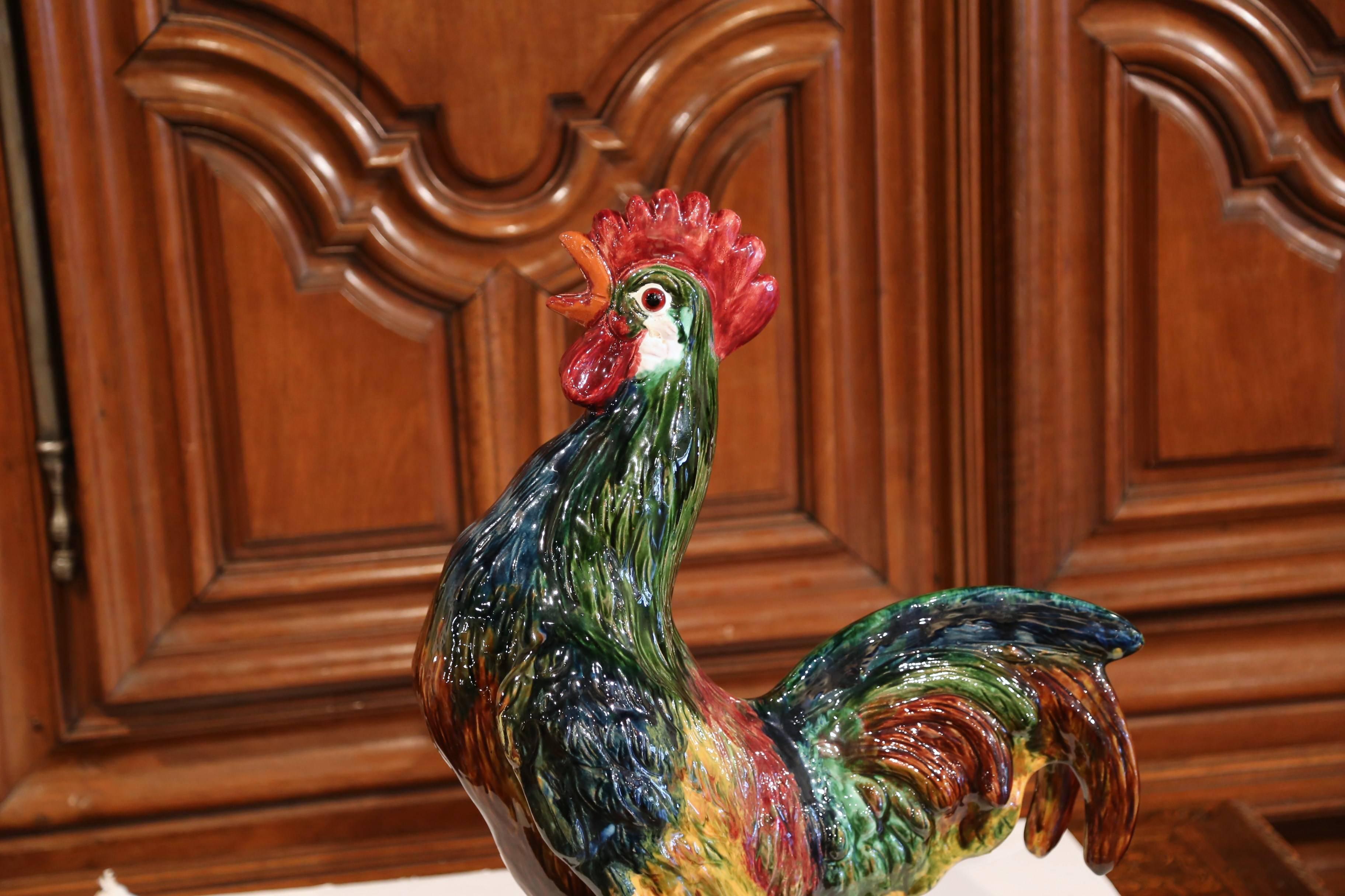 Late 20th Century French Hand-Painted Barbotine Ceramic Rooster from Normandy 1