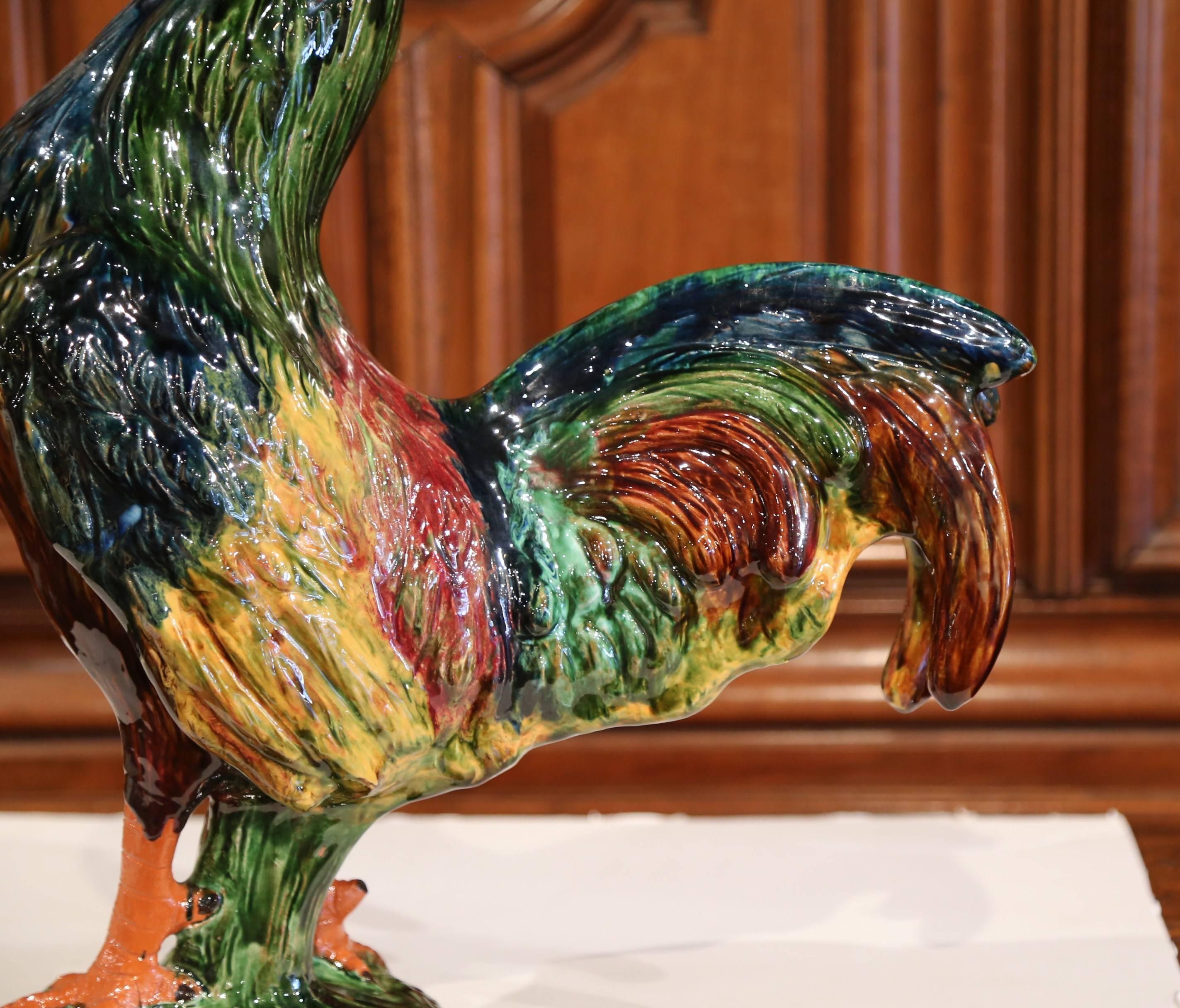 Late 20th Century French Hand-Painted Barbotine Ceramic Rooster from Normandy 2