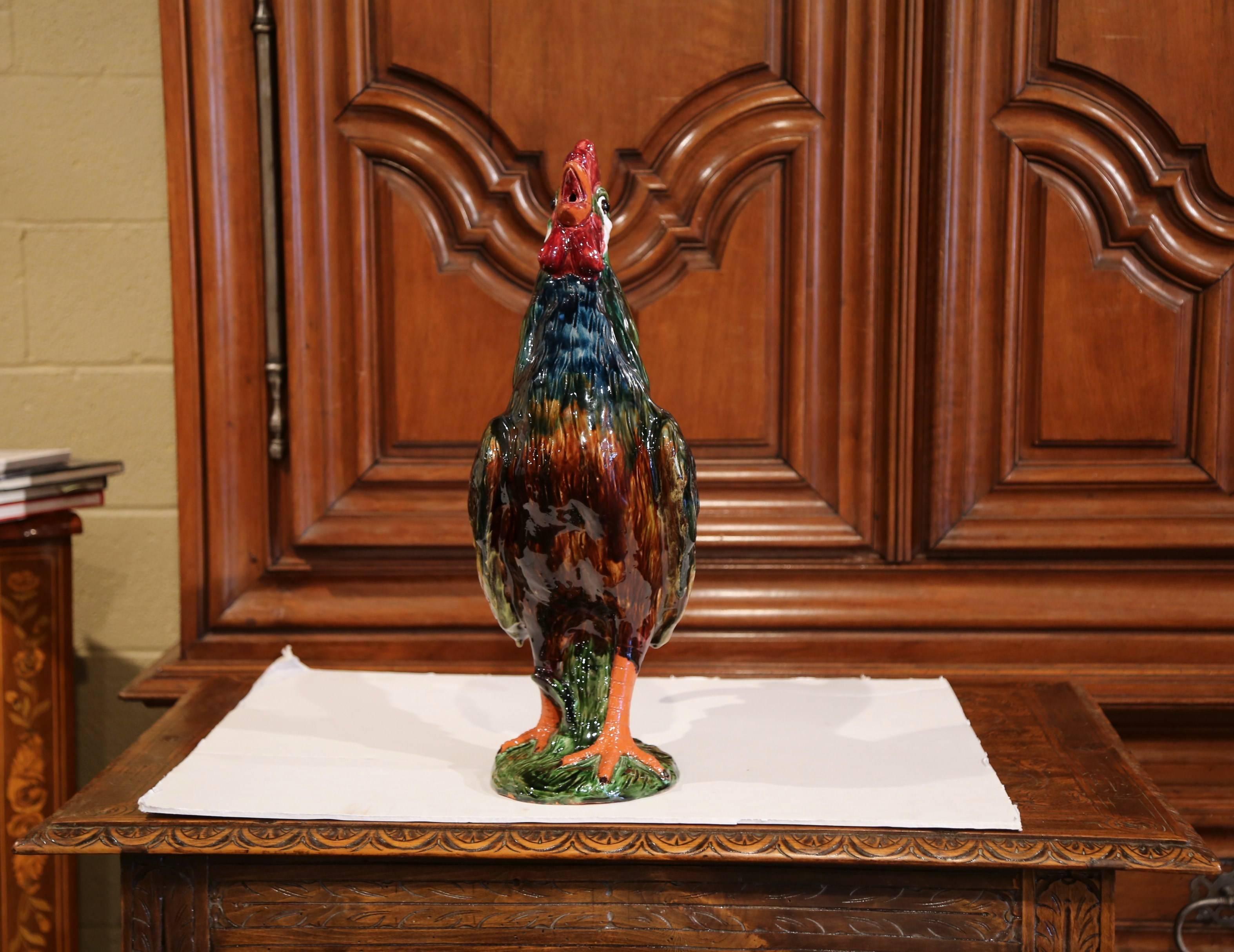 Late 20th Century French Hand-Painted Barbotine Ceramic Rooster from Normandy 3