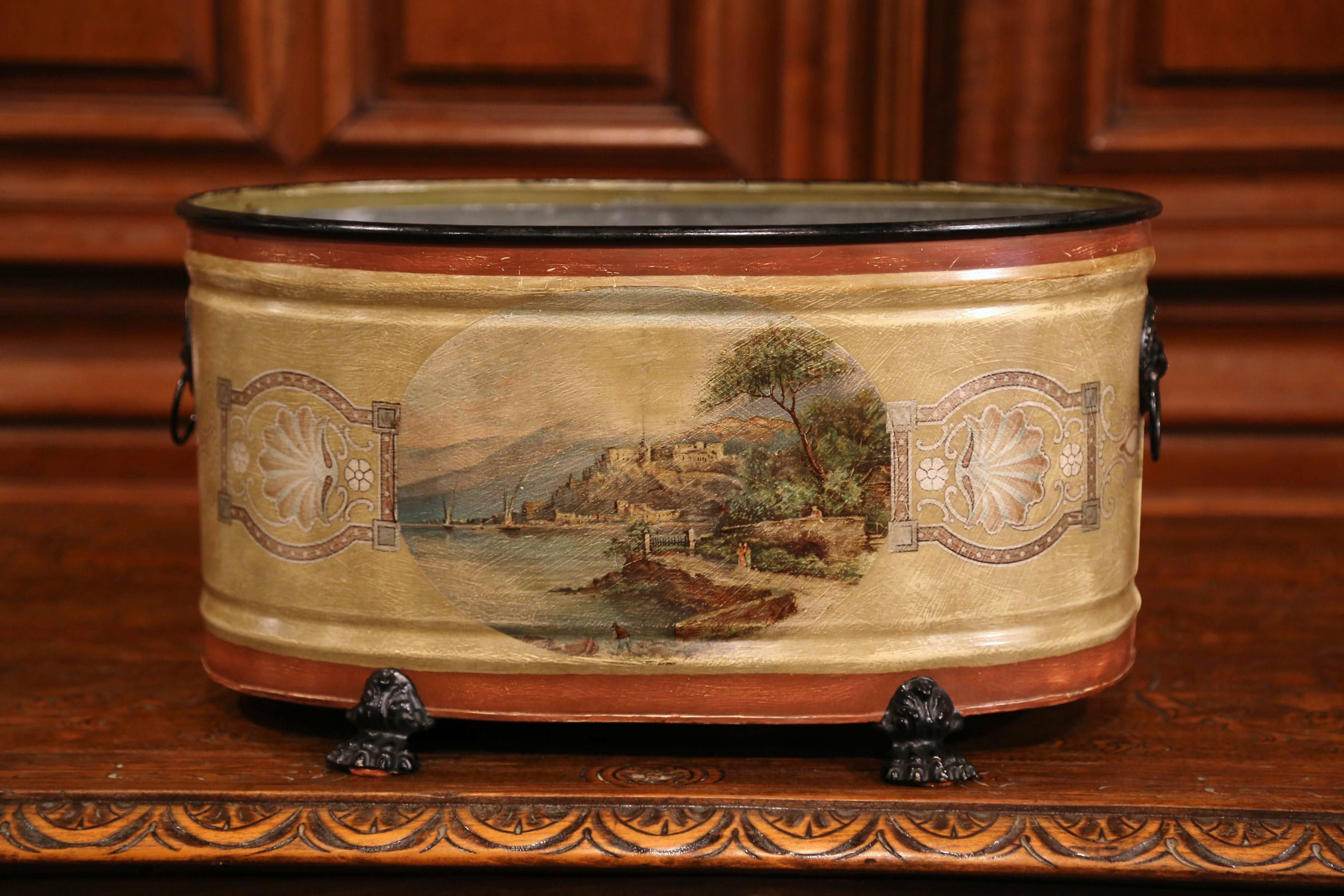 Napoleon III Late 20th Century French Hand-Painted Oval Tole Jardinière with Zinc Liner