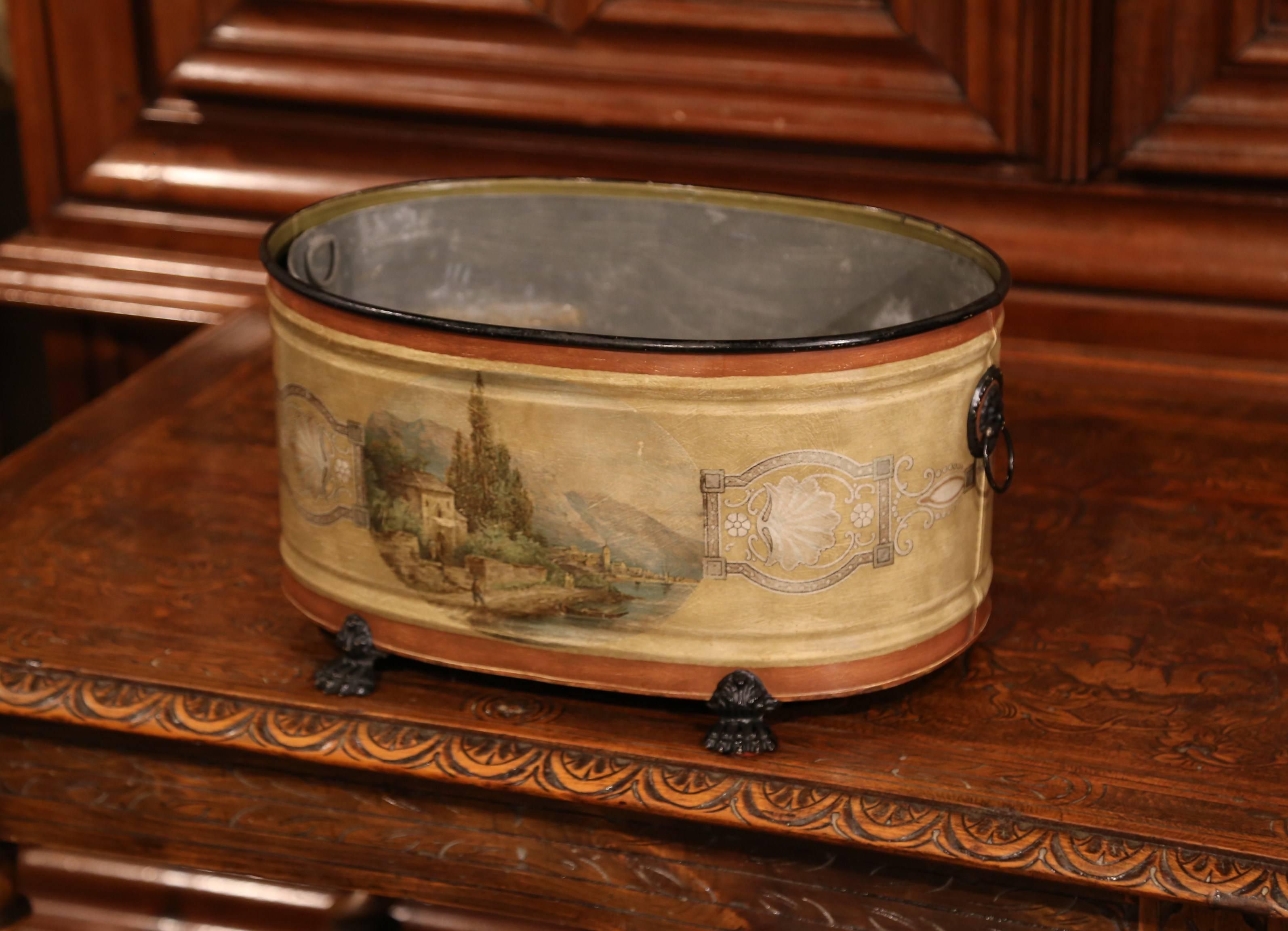 Tôle Late 20th Century French Hand-Painted Oval Tole Jardinière with Zinc Liner