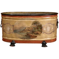 Late 20th Century French Hand-Painted Oval Tole Jardinière with Zinc Liner