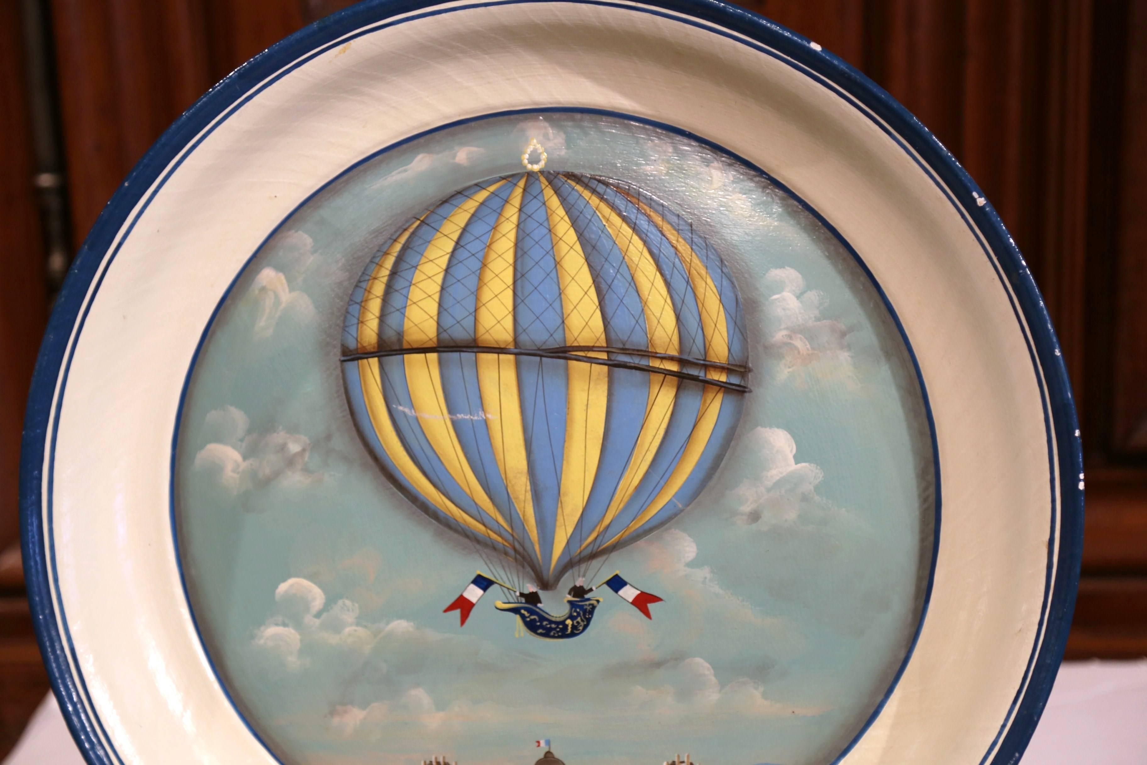Contemporary Late 20th Century French Hand-Painted Tole Tray with Colorful Hot Air Balloon