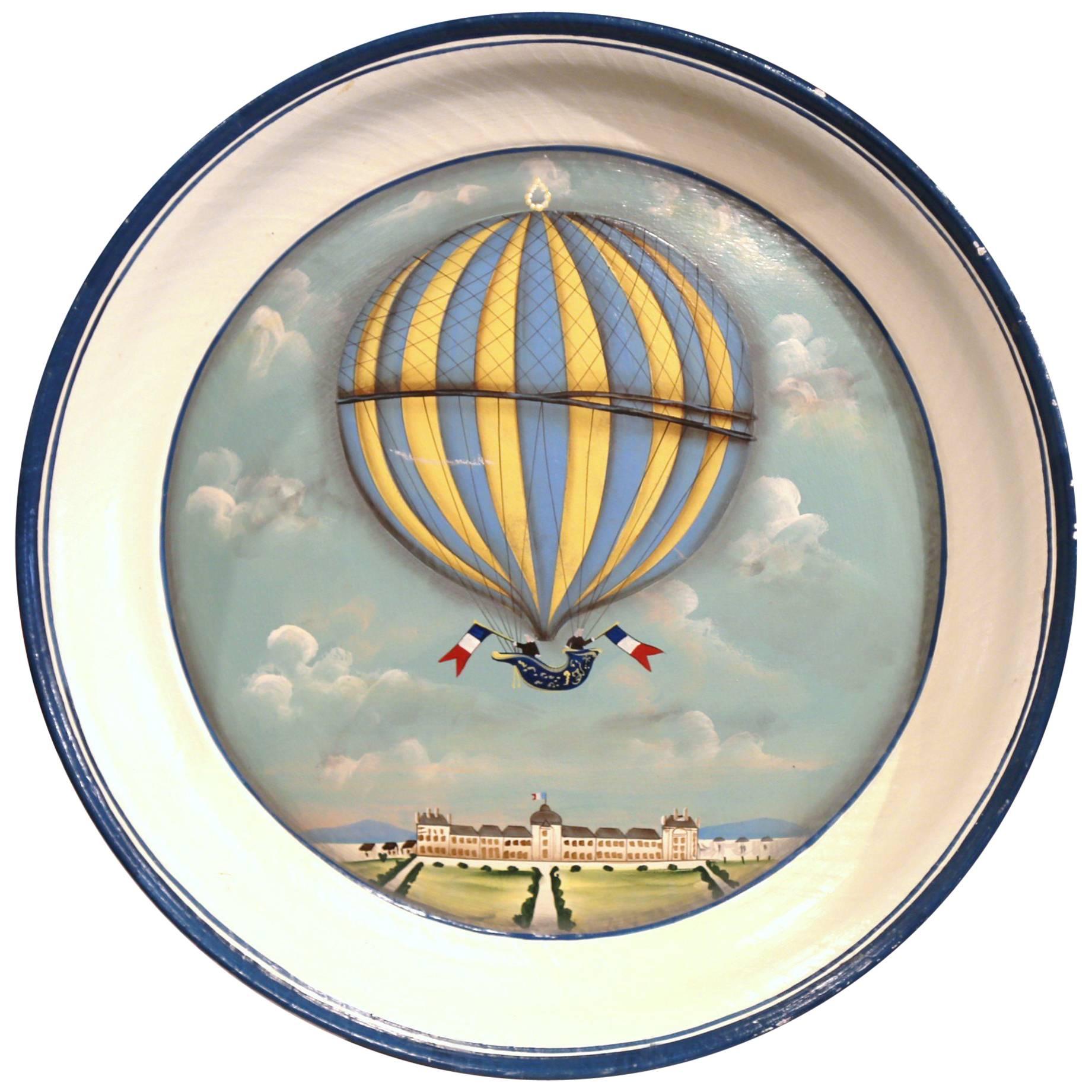 Late 20th Century French Hand-Painted Tole Tray with Colorful Hot Air Balloon