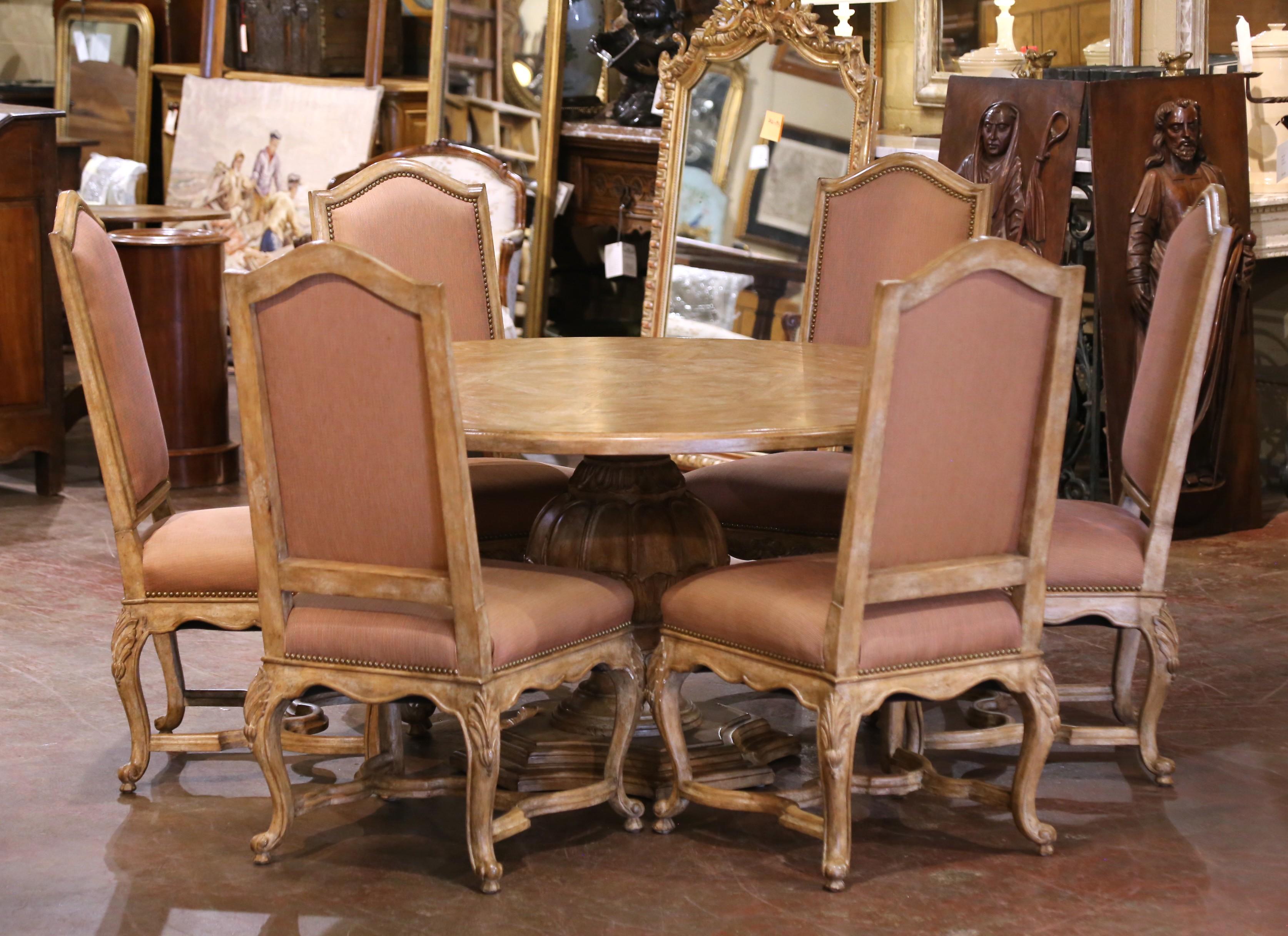 Late 20th Century French Louis XV Round Dining Table with Six Upholstered Chairs For Sale 3
