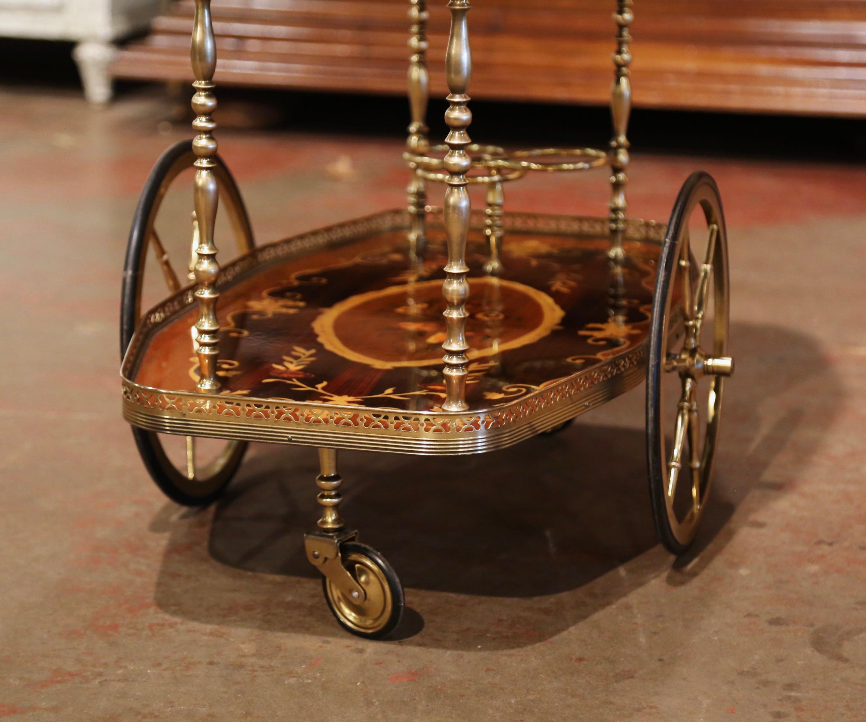 Late 20th Century French Mahogany, Marquetry Inlay and Brass Service Bar Cart 12