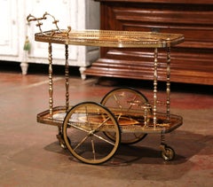 Late 20th Century French Mahogany, Marquetry Inlay and Brass Service Bar Cart