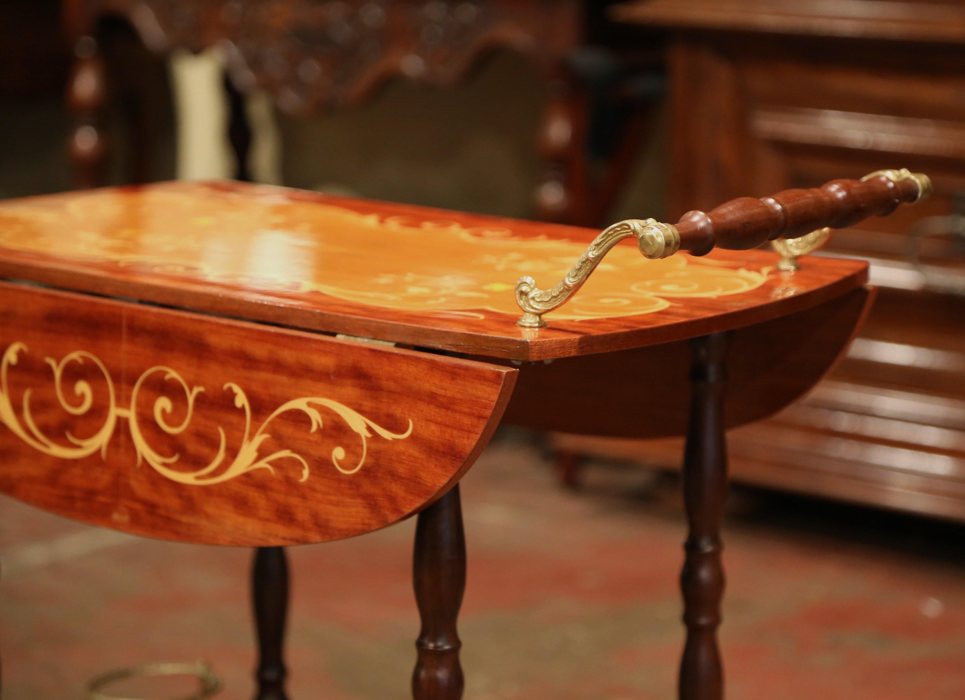 Late 20th Century French Rosewood and Brass Drop-Leaf Tea Cart with Marquetry 7