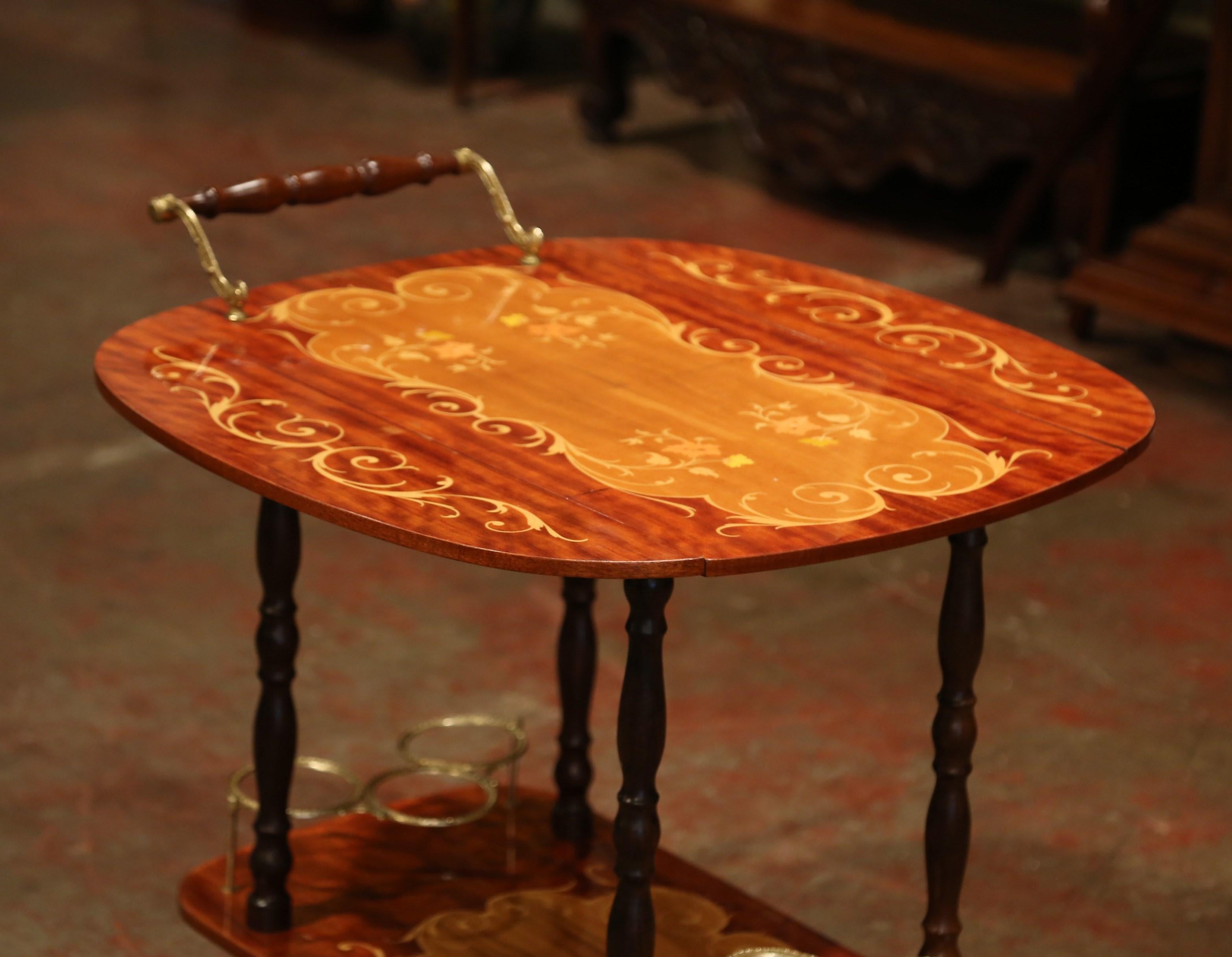 Late 20th Century French Rosewood and Brass Drop-Leaf Tea Cart with Marquetry 8