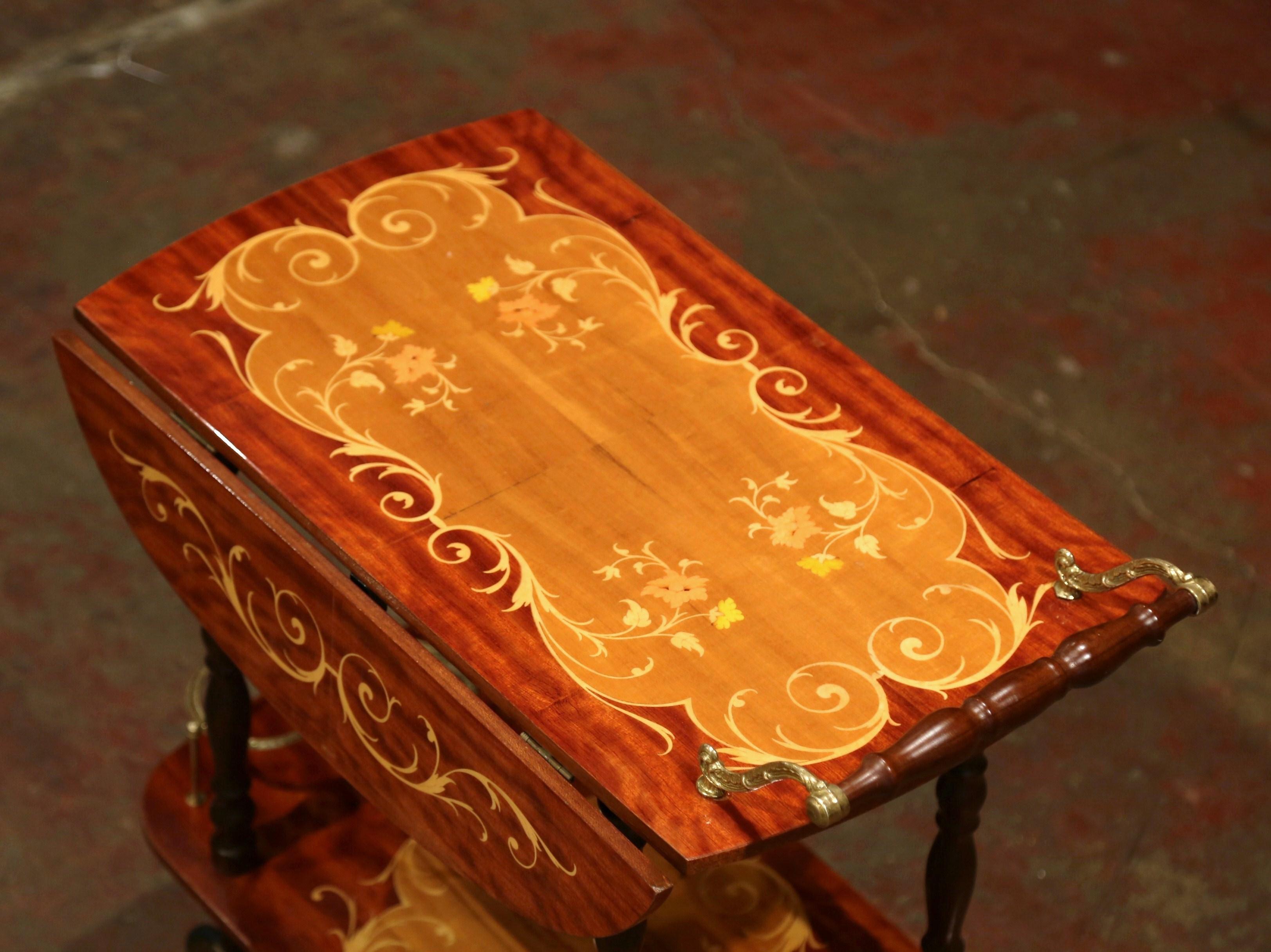 Late 20th Century French Rosewood and Brass Drop-Leaf Tea Cart with Marquetry In Excellent Condition In Dallas, TX