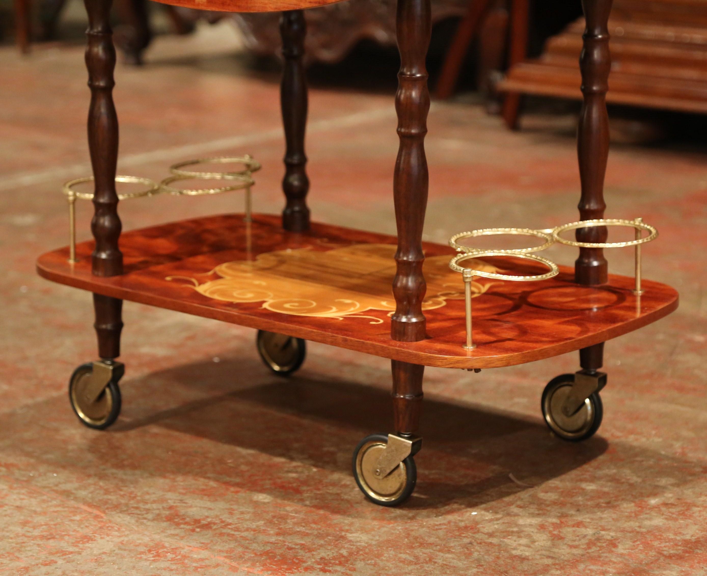 Late 20th Century French Rosewood and Brass Drop-Leaf Tea Cart with Marquetry 1