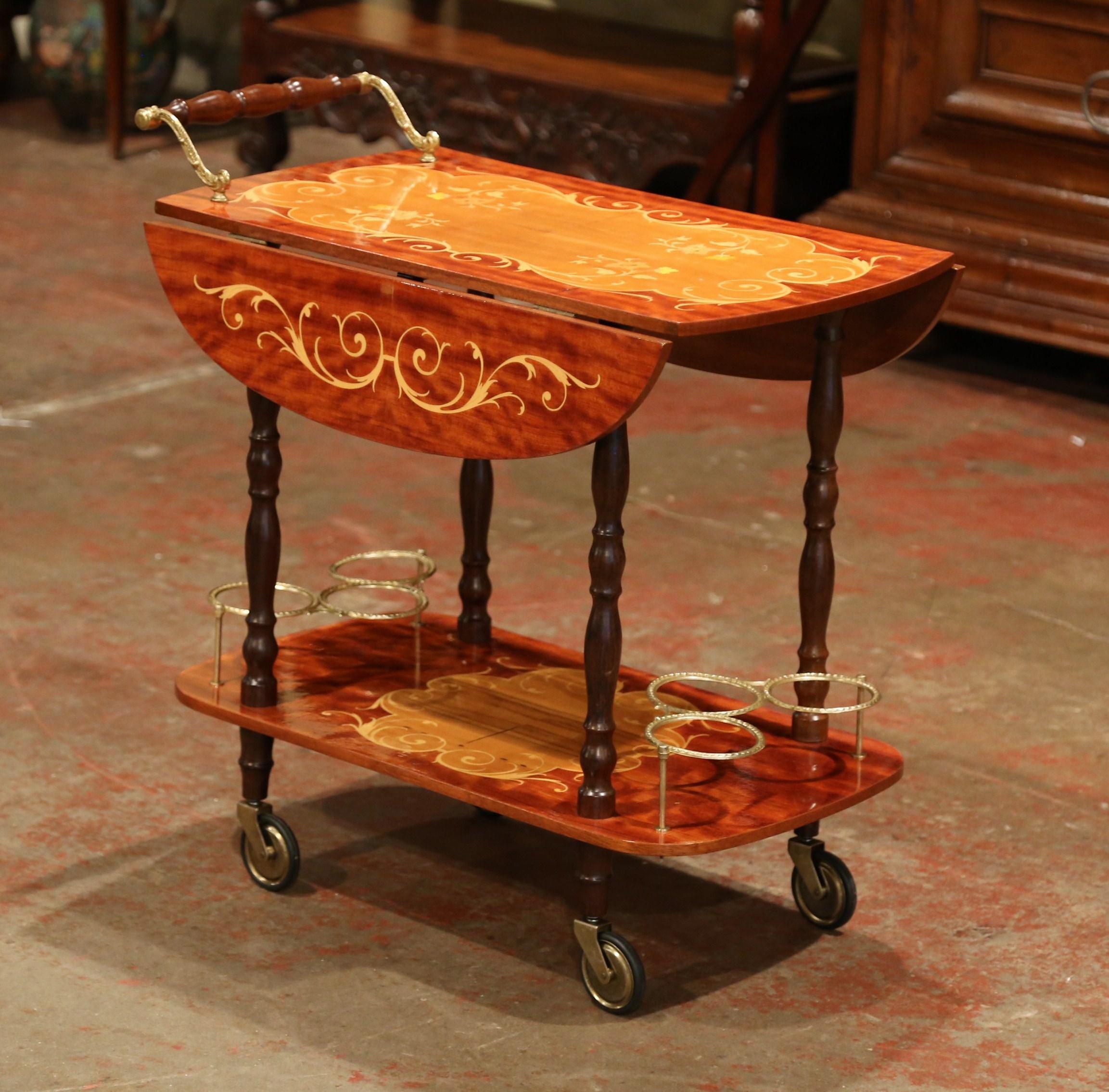 Late 20th Century French Rosewood and Brass Drop-Leaf Tea Cart with Marquetry 2