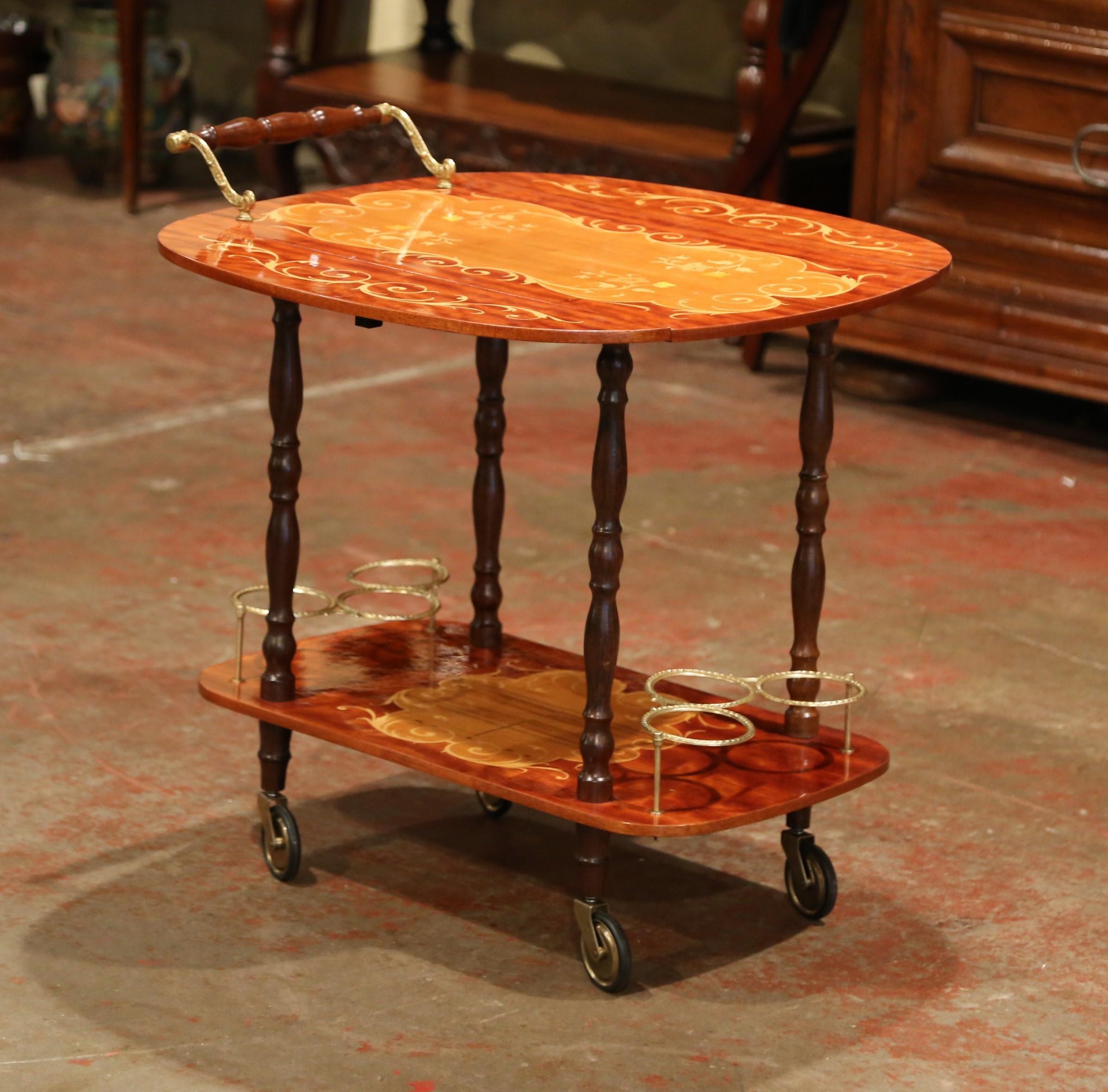 Late 20th Century French Rosewood and Brass Drop-Leaf Tea Cart with Marquetry 4