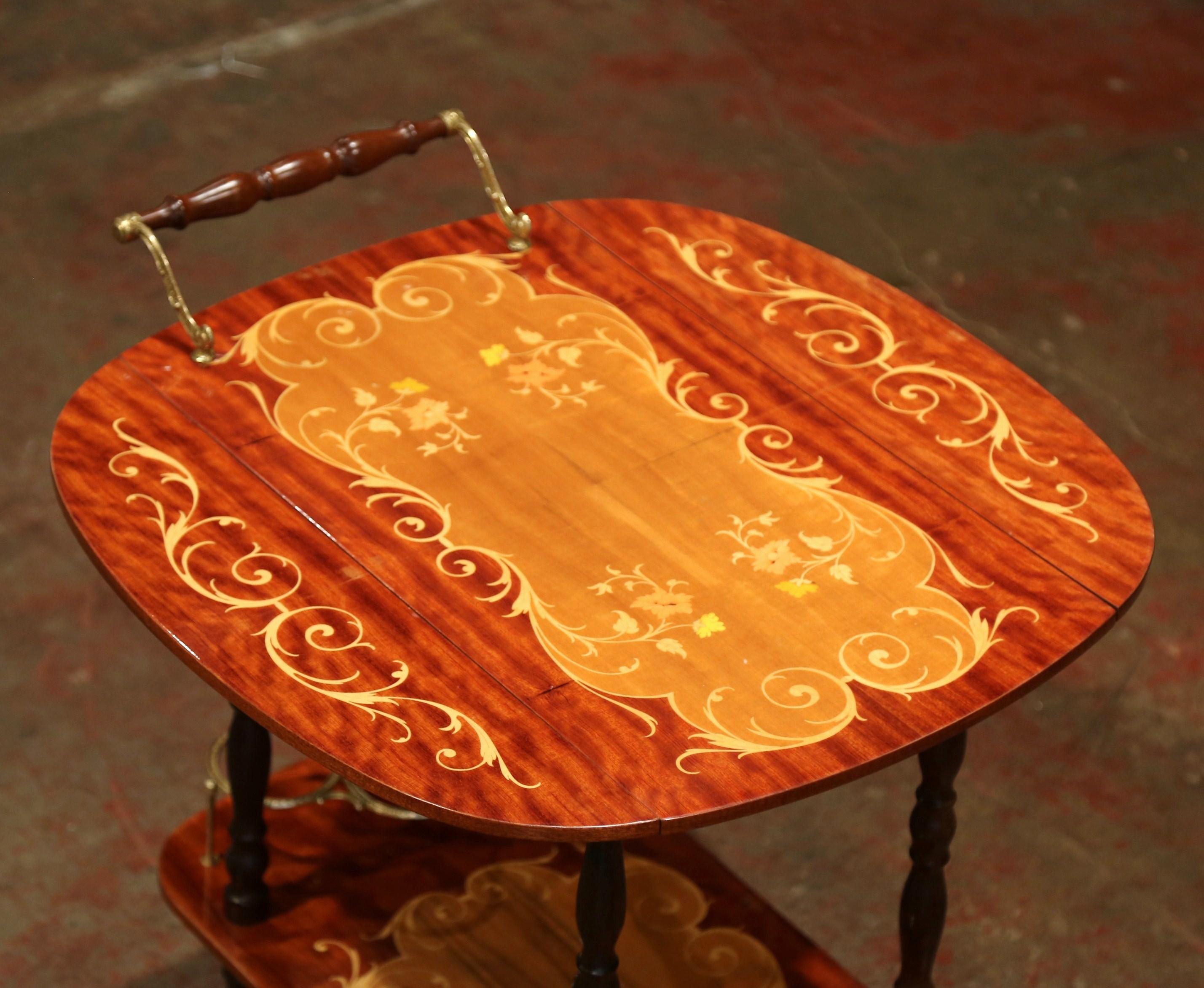 Late 20th Century French Rosewood and Brass Drop-Leaf Tea Cart with Marquetry 5