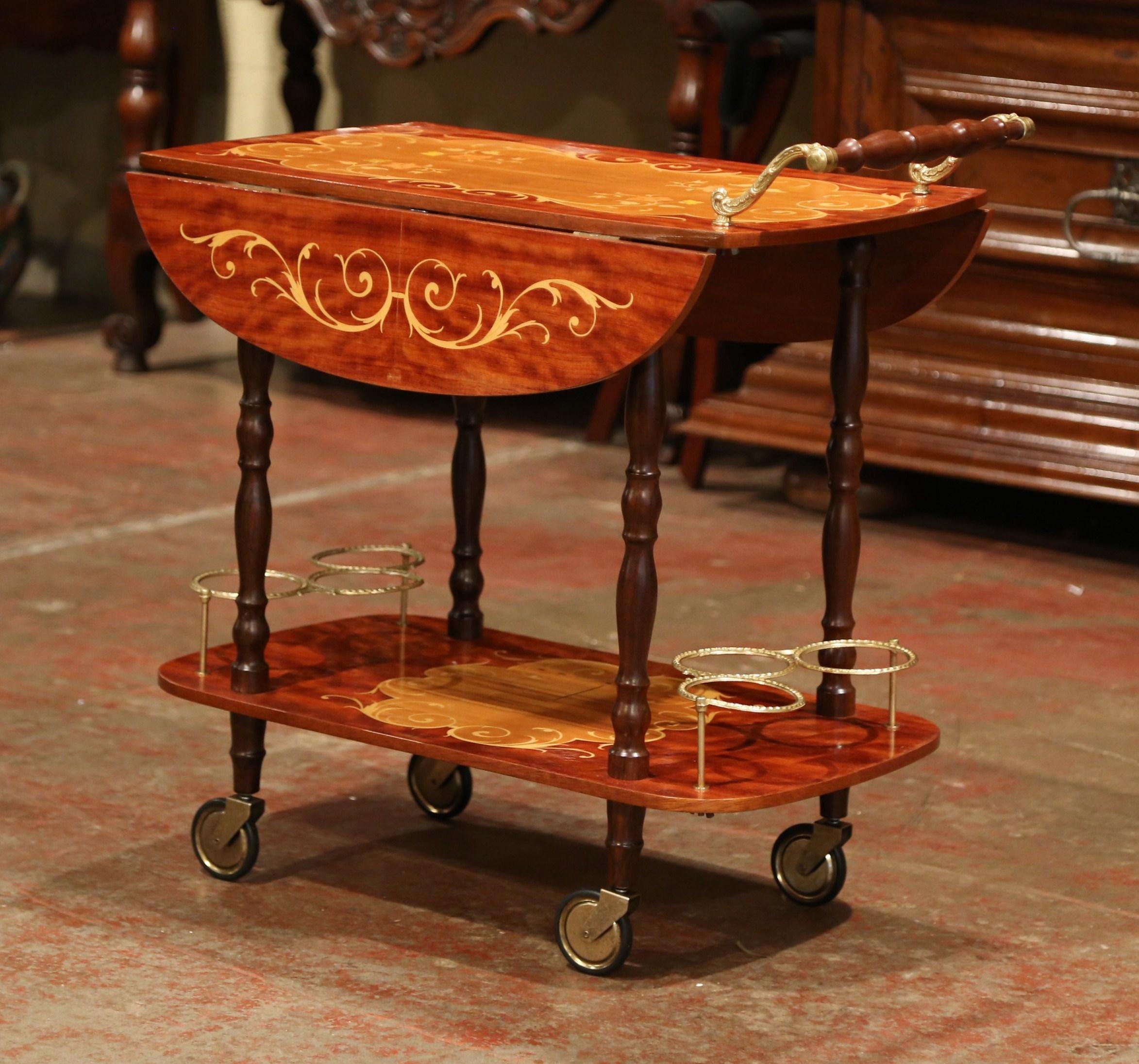 Late 20th Century French Rosewood and Brass Drop-Leaf Tea Cart with Marquetry 6