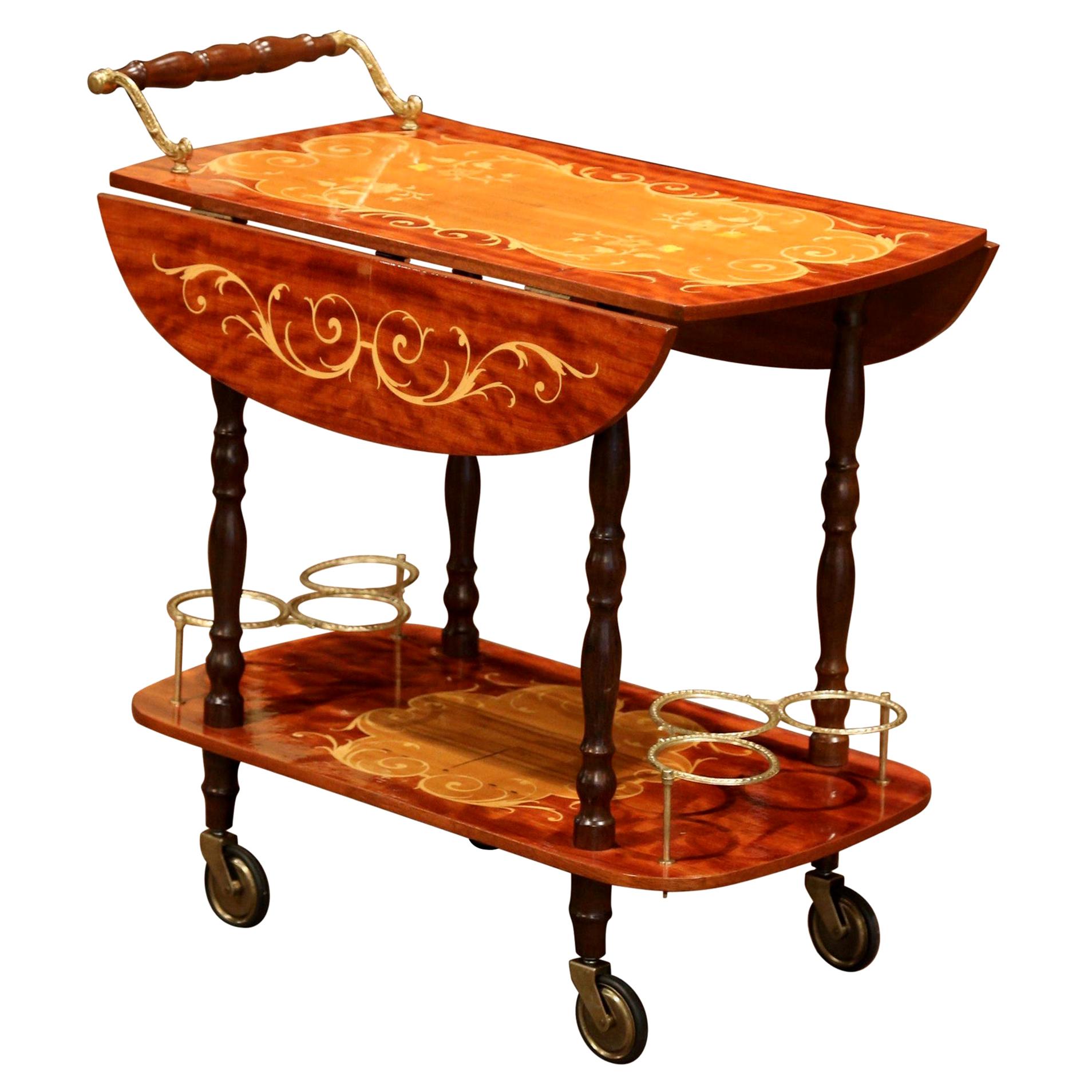 Late 20th Century French Rosewood and Brass Drop-Leaf Tea Cart with Marquetry