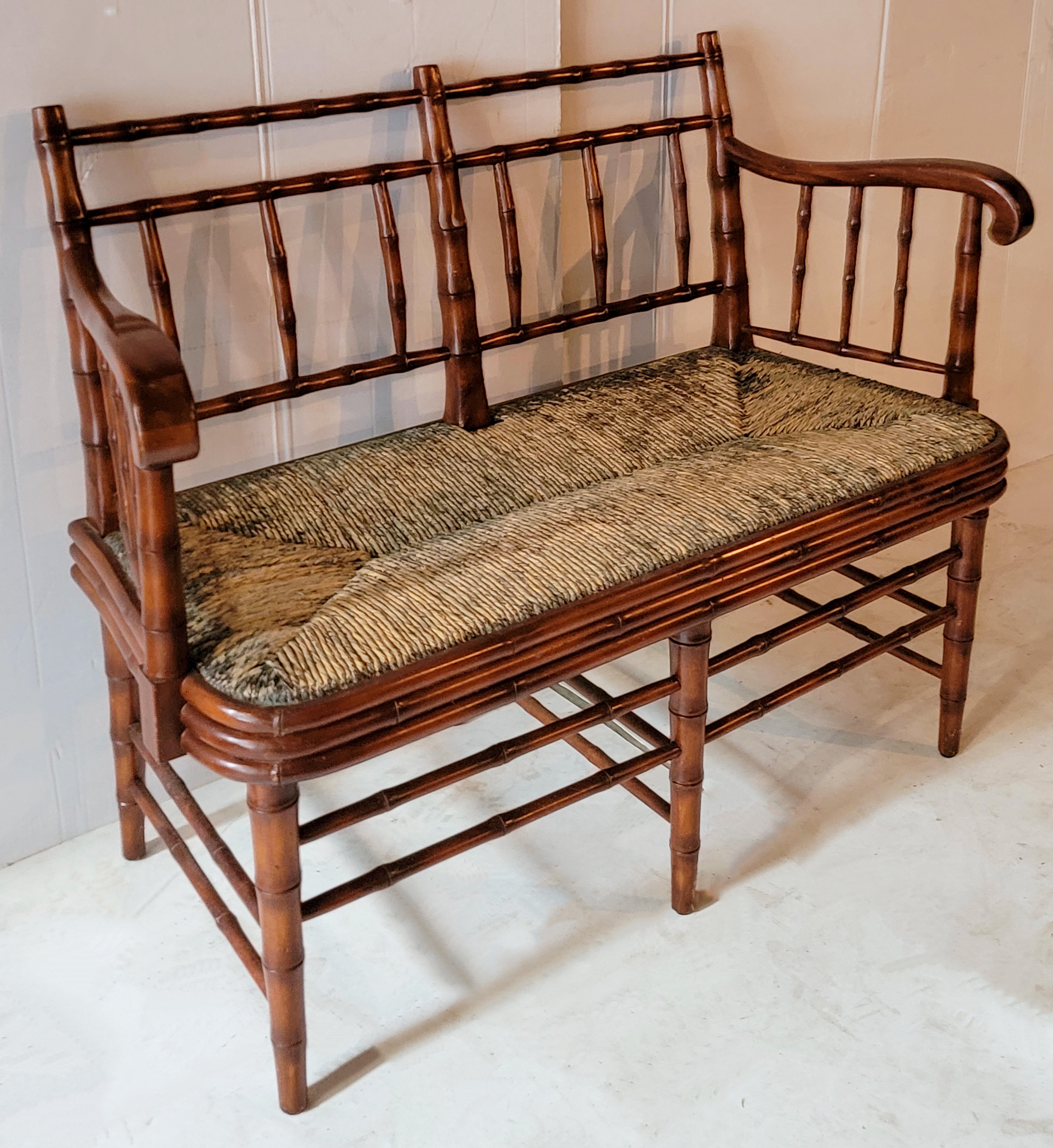 Aesthetic Movement Late 20th Century French Style Faux Bamboo Settee with Rush Seat by Sarreid