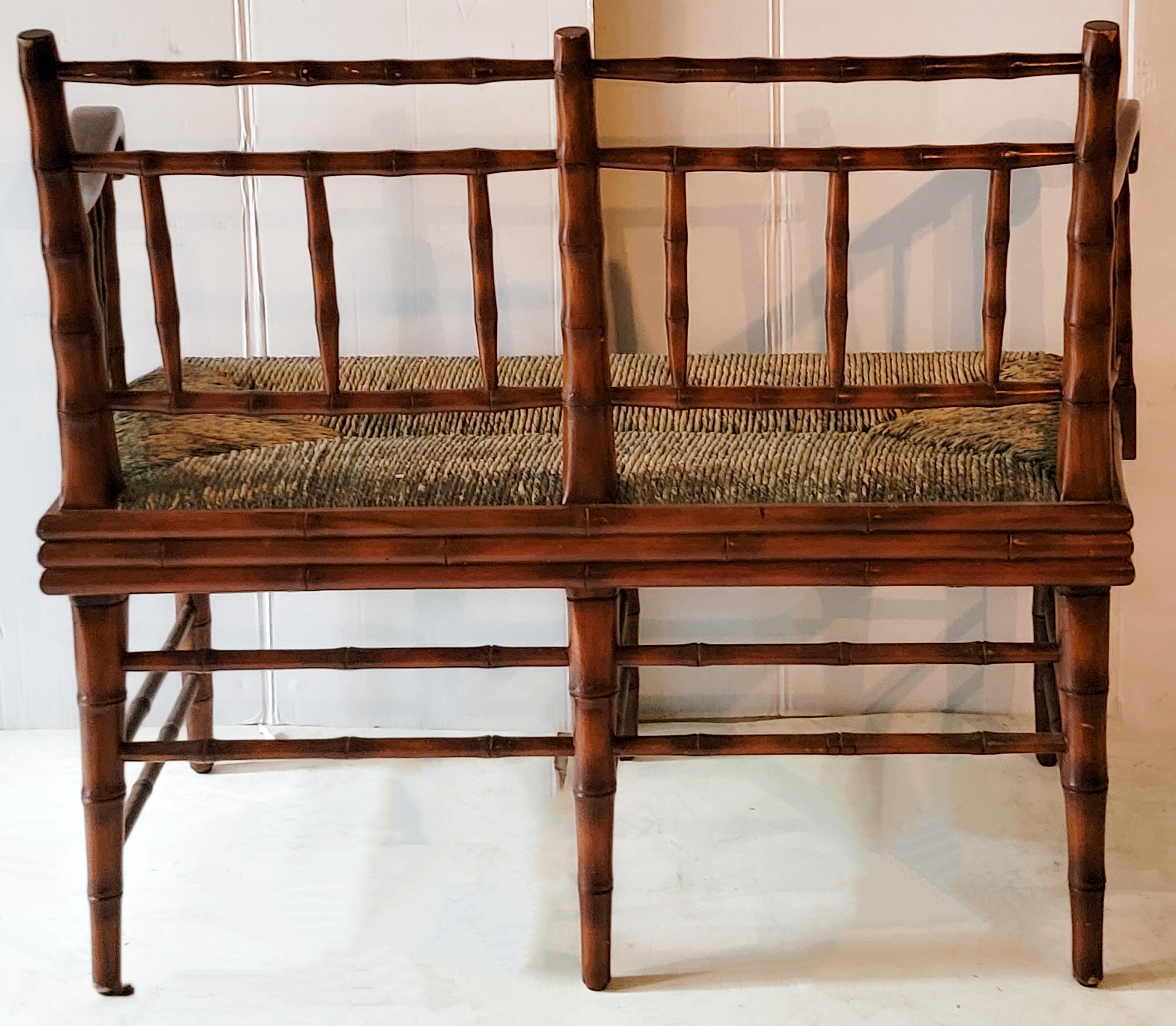 Spanish Late 20th Century French Style Faux Bamboo Settee with Rush Seat by Sarreid