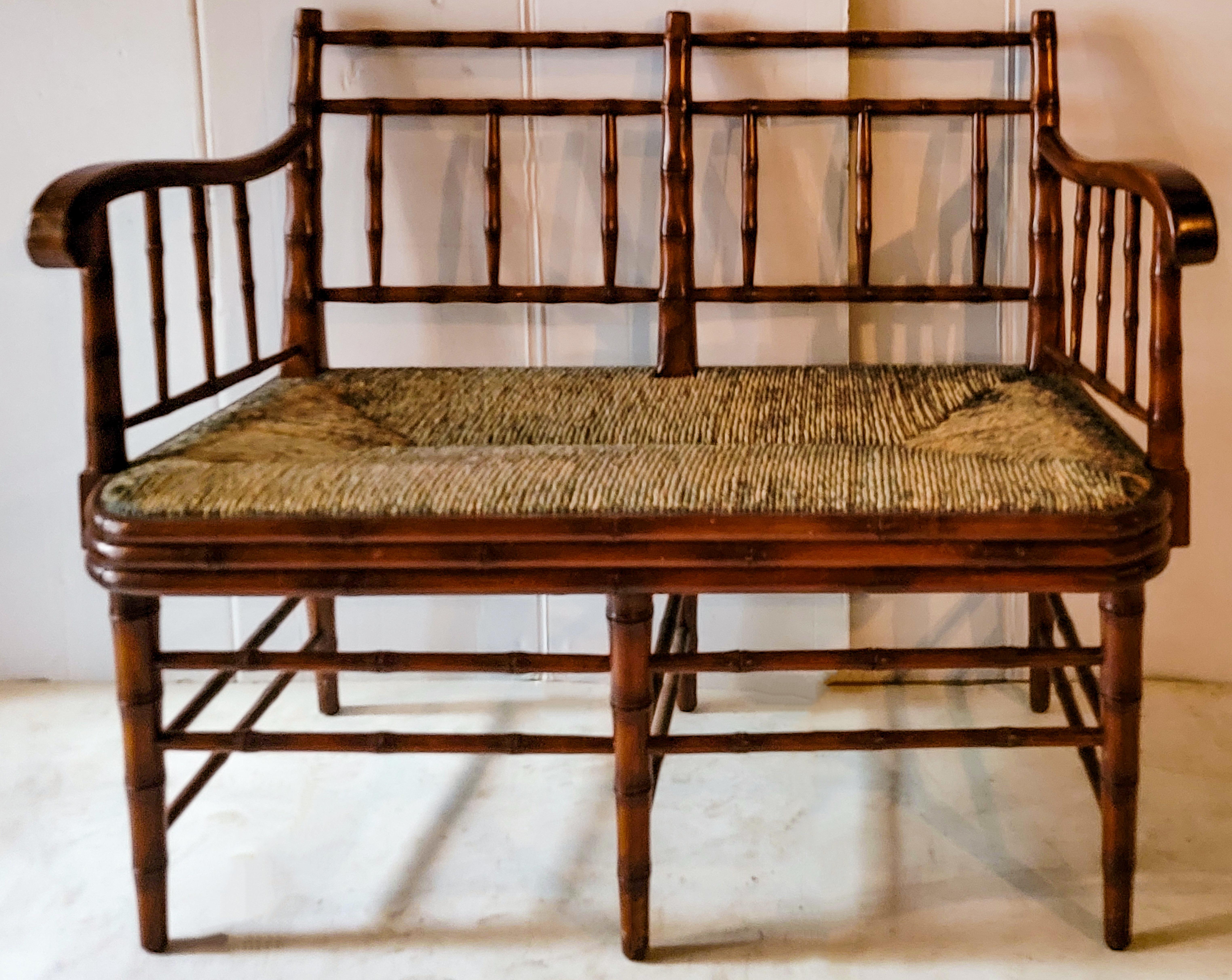 Late 20th Century French Style Faux Bamboo Settee with Rush Seat by Sarreid In Good Condition In Kennesaw, GA