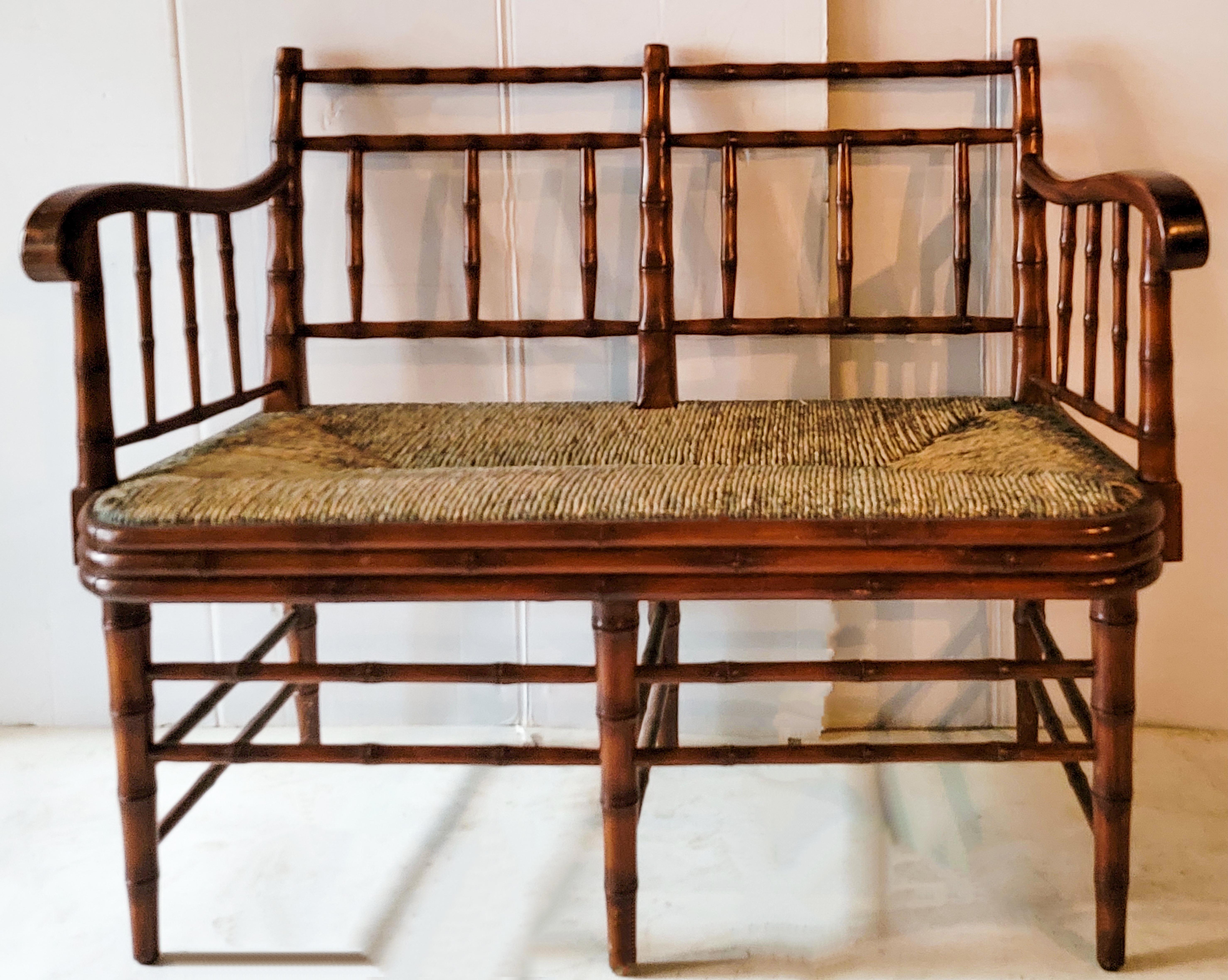Late 20th Century French Style Faux Bamboo Settee with Rush Seat by Sarreid 1