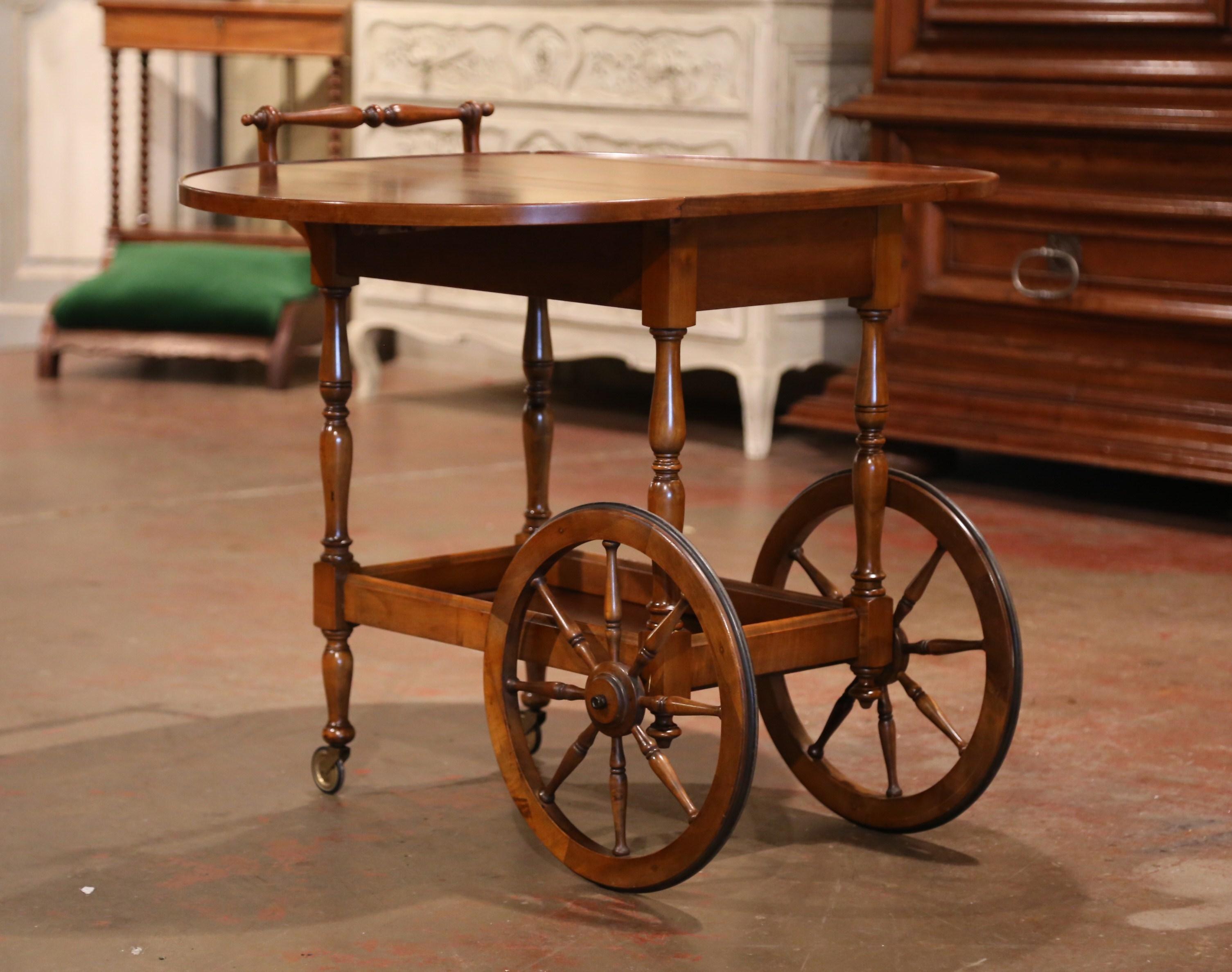 Late 20th Century French Walnut Drop-Leaf Tea Trolley Service Cart on Wheels 4