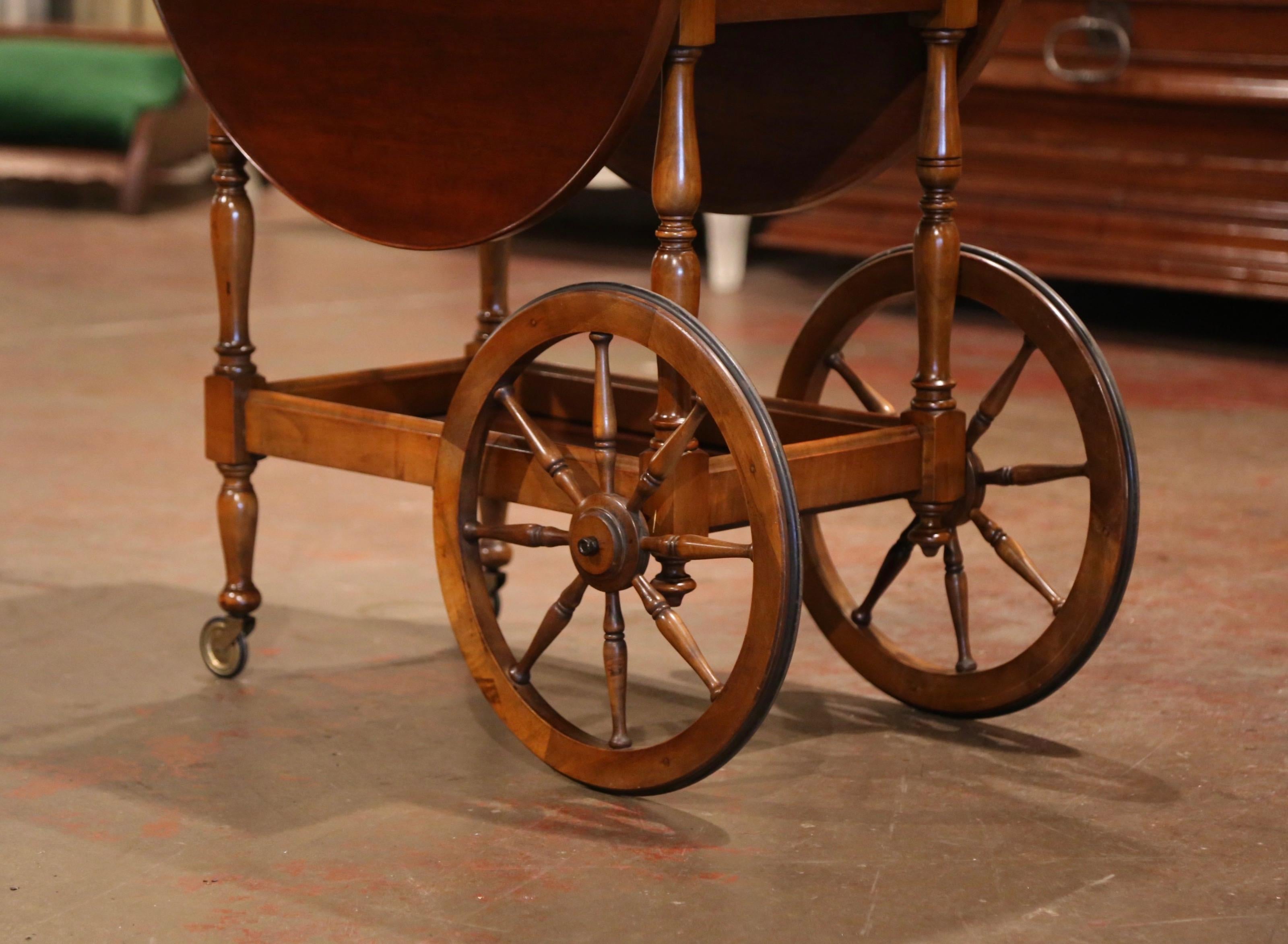 Late 20th Century French Walnut Drop-Leaf Tea Trolley Service Cart on Wheels 5