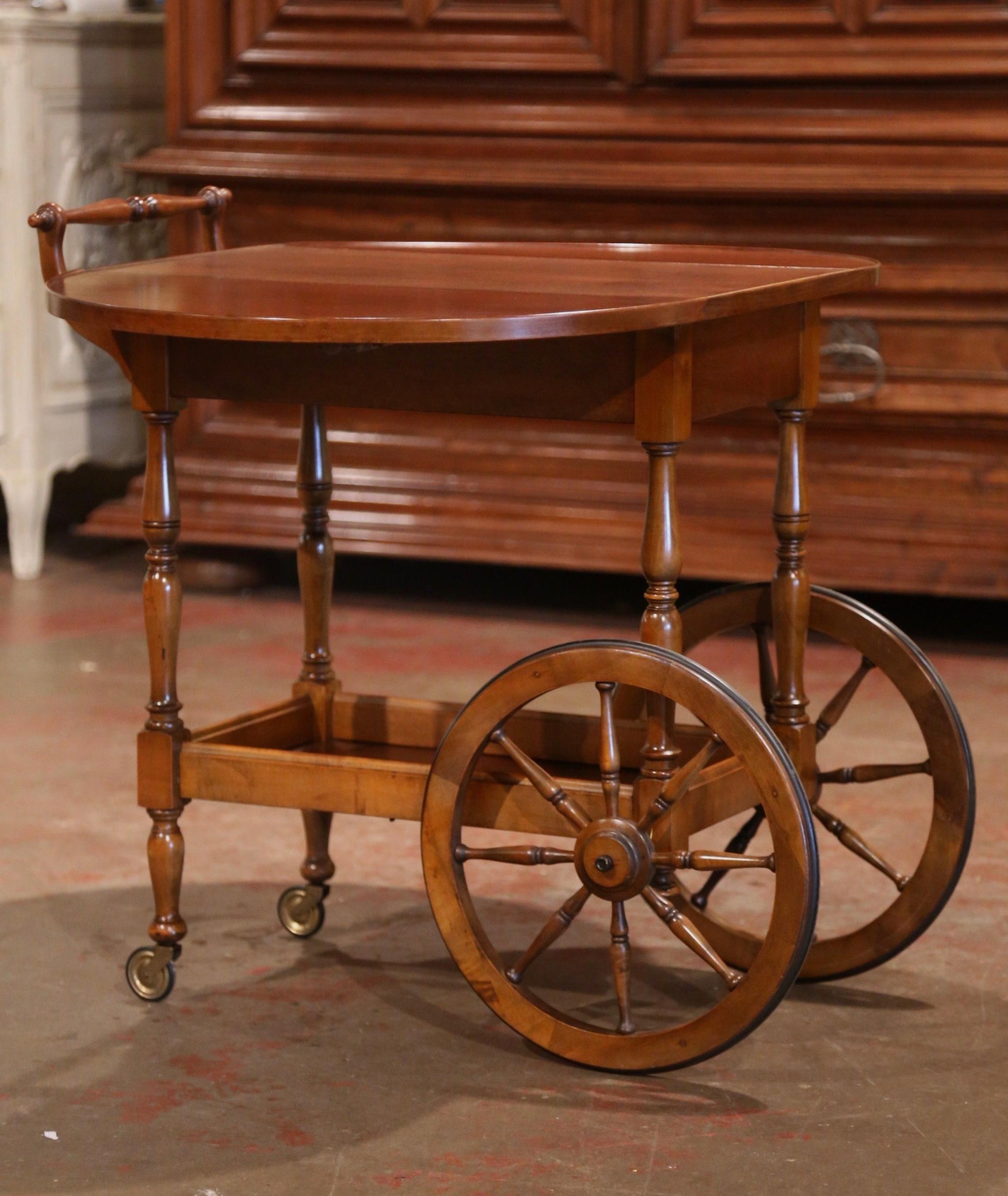 Hand-Carved Late 20th Century French Walnut Drop-Leaf Tea Trolley Service Cart on Wheels
