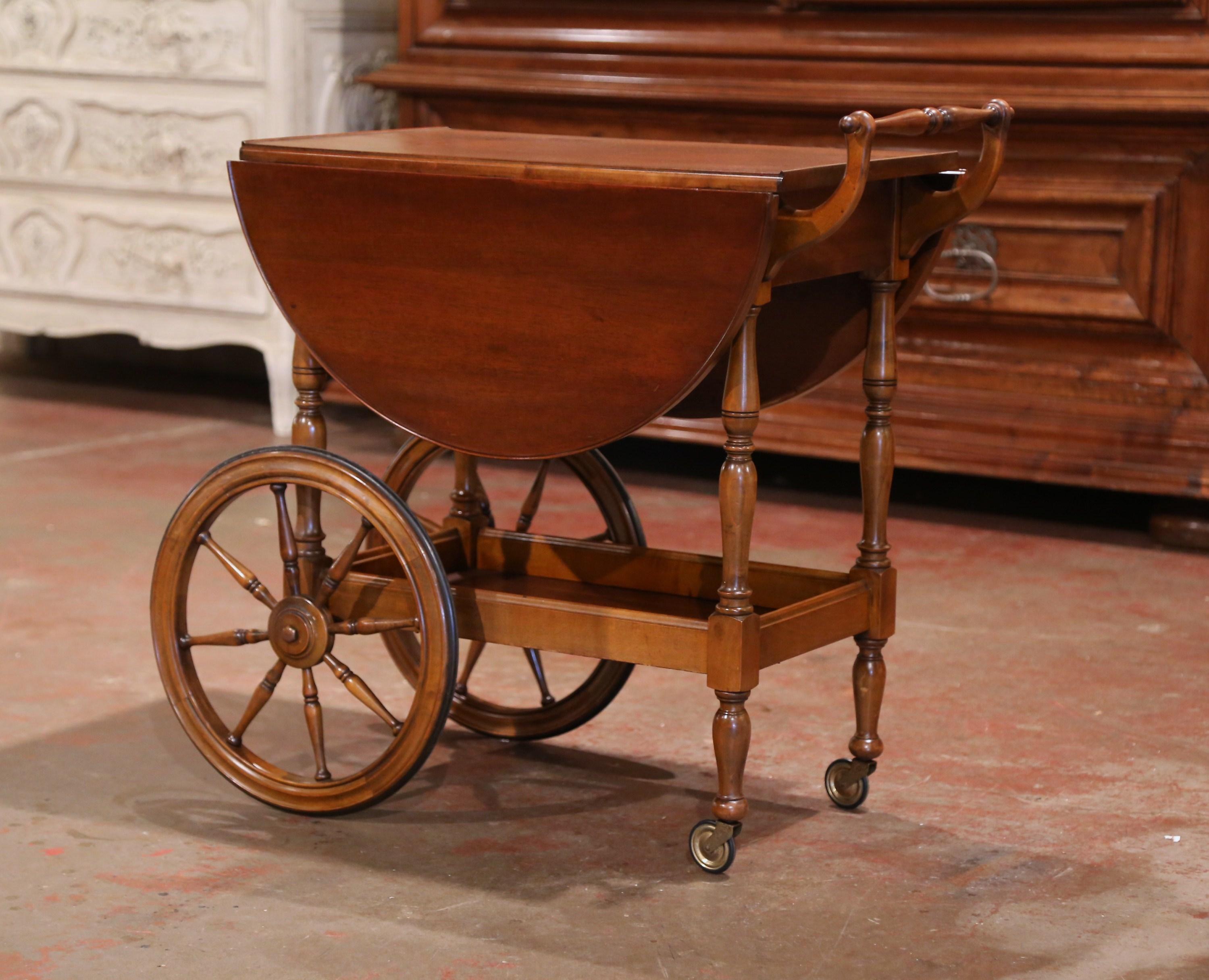 Late 20th Century French Walnut Drop-Leaf Tea Trolley Service Cart on Wheels 2