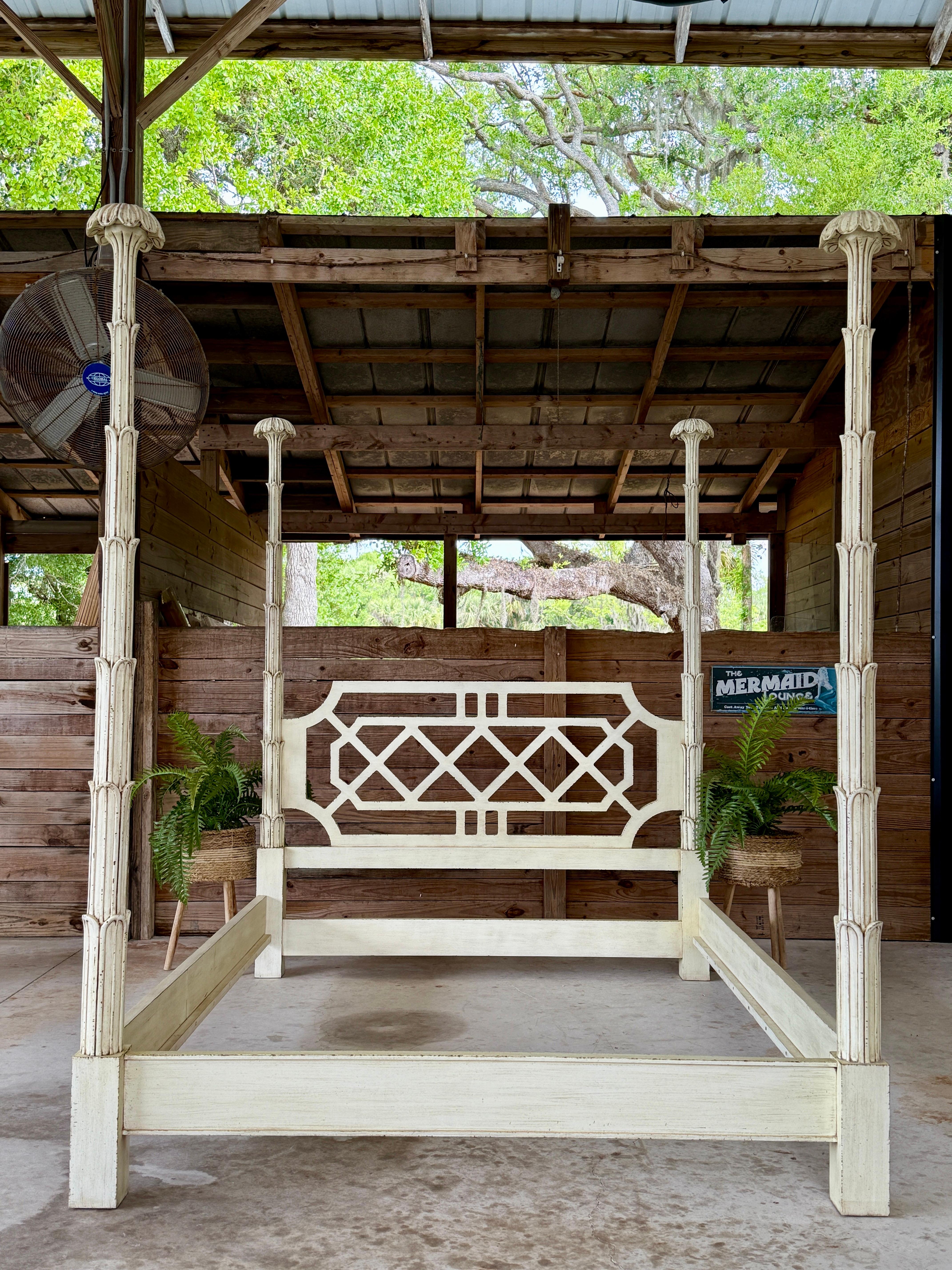 Late 20th Century Fretwork Queen Four Posted Canopy Bed in the Manner of Serge R For Sale 9
