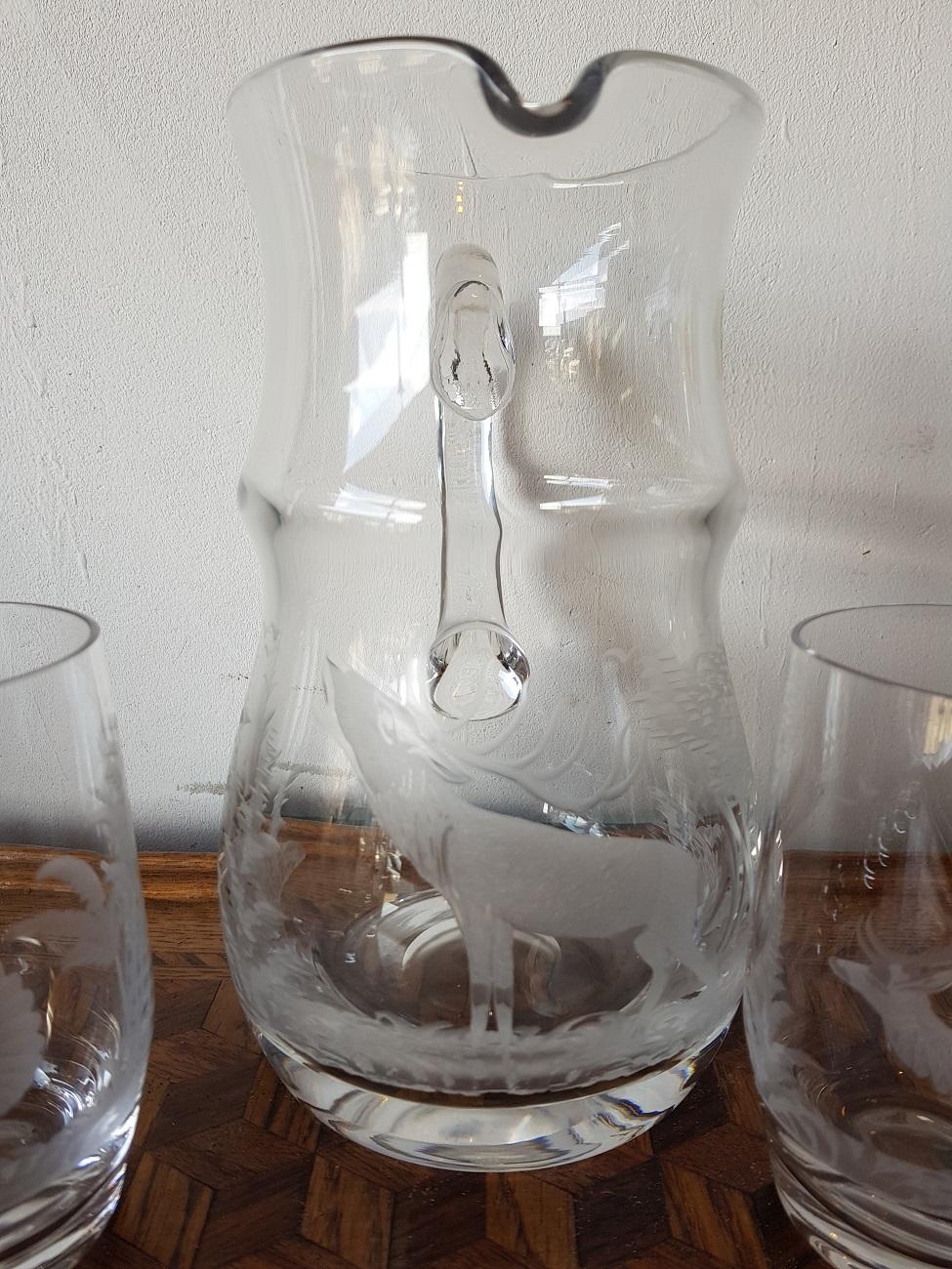 Late 20th Century German Crystal Water Jug Set Engraved with Animals In Excellent Condition In Raalte, NL