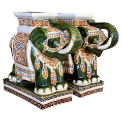 Table d'appoint à éléphant en céramique émaillée de la fin du 20e siècle Tabouret de garde - Paire