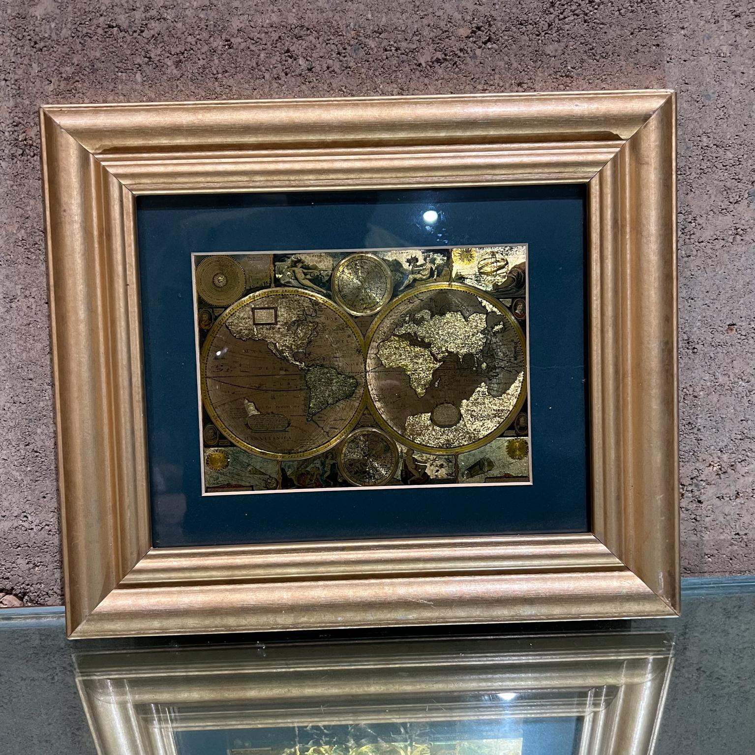 Late 20th Century Gold Foil Ancient World Map Double Hemisphere
Gold Foil Old World Framed Map
information on reverse of the print.
Original vintage condition.
Wood frame and glass in good shape.
Print world 13.5 w x 11.5 d x 1 thick
Review images.