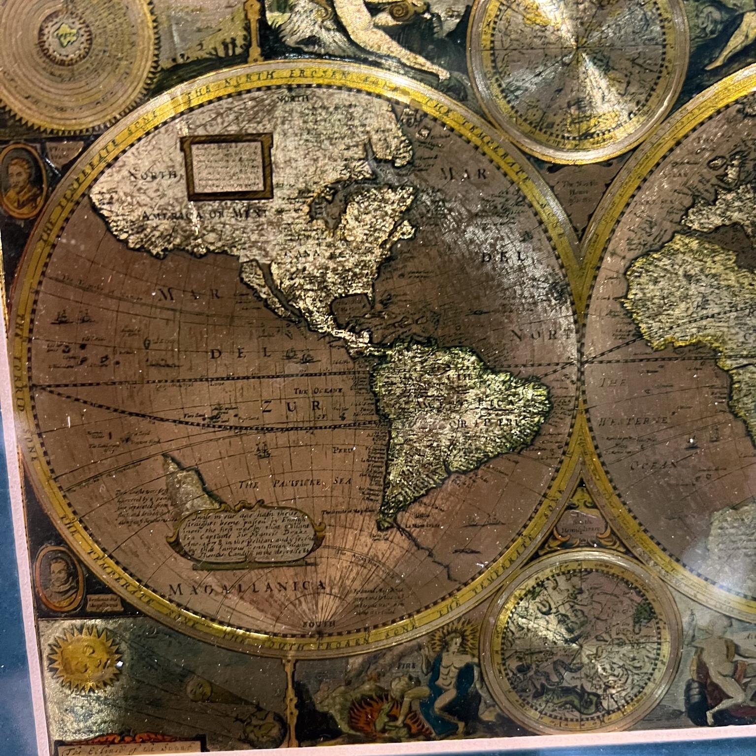 English Late 20th Century Gold Foil World Map Double Hemisphere For Sale