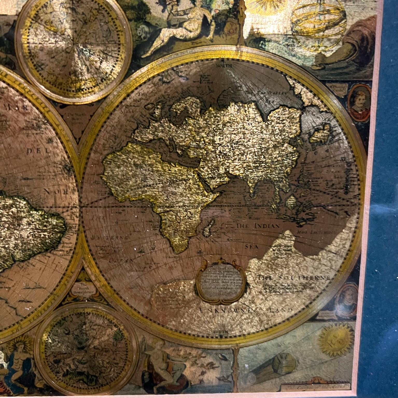 Late 20th Century Gold Foil World Map Double Hemisphere In Good Condition For Sale In Chula Vista, CA