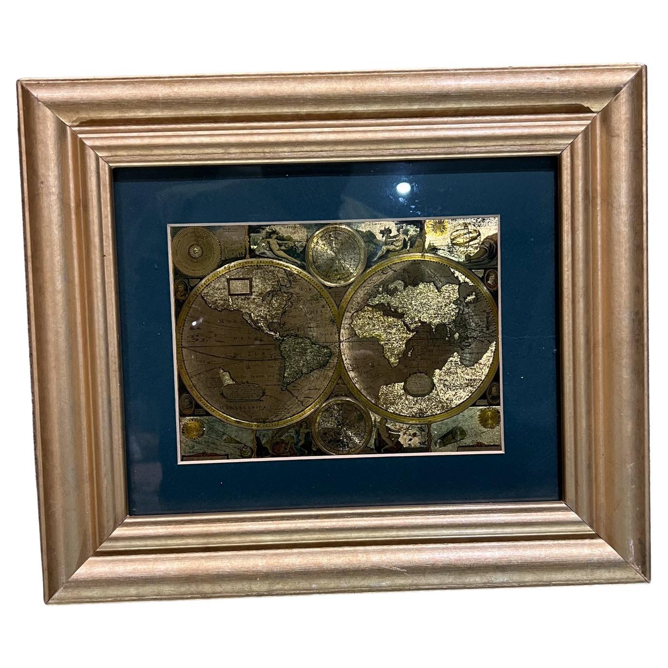 Late 20th Century Gold Foil World Map Double Hemisphere For Sale