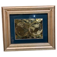 Vintage Late 20th Century Gold Foil World Map Double Hemisphere